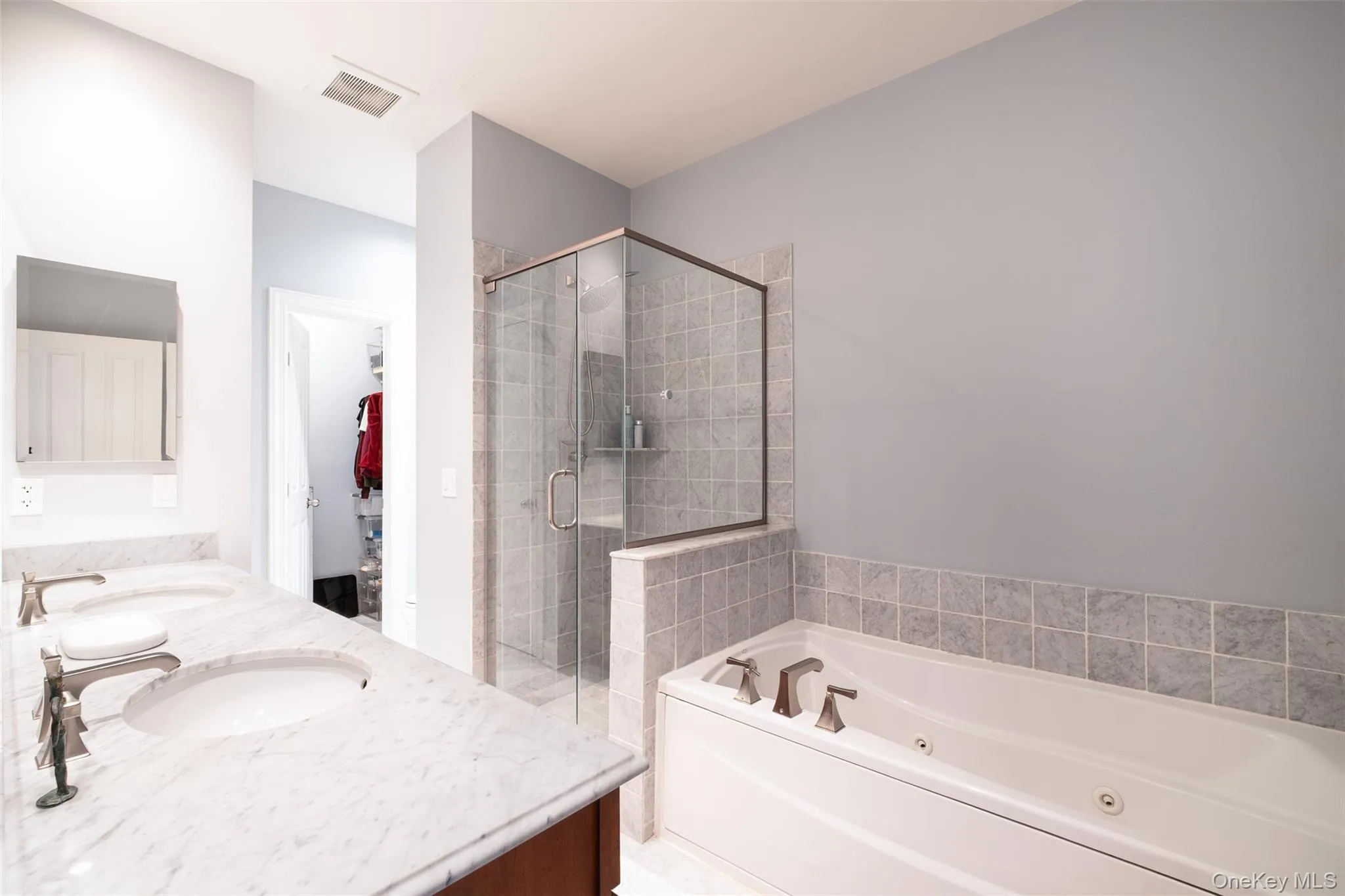 Primary bath with Jacuzzi tub. Custom glass shower enclosure. Primary bath with Jacuzzi tub. Custom glass shower enclosure.