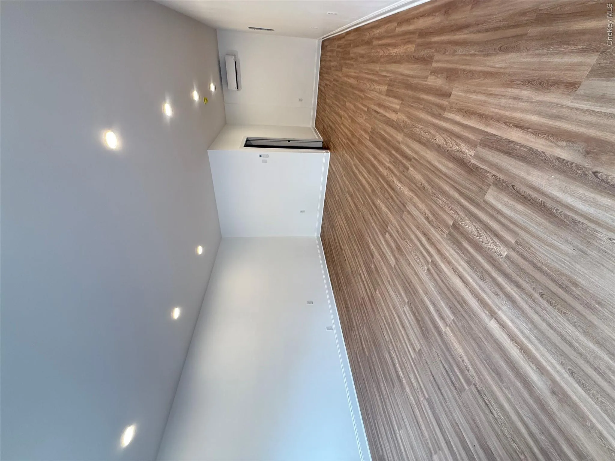 Spare room with dark wood-style flooring and recessed lighting Spare room with dark wood-style flooring and recessed lighting
