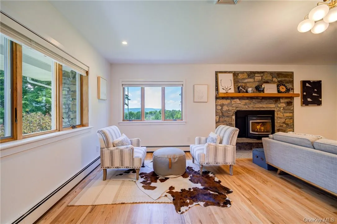 Enter in from the porch to this inviting living room with pellet stove insert for chilly nights! Enter in from the porch to this inviting living room with pellet stove insert for chilly nights!