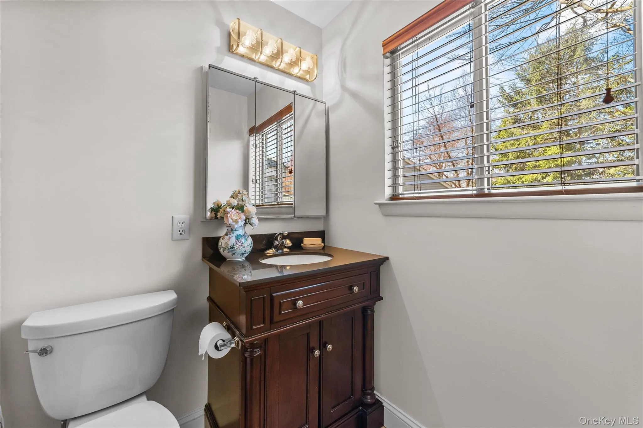 Master bathroom ensuite with vanity and double side to side window. Master bathroom ensuite with vanity and double side to side window.