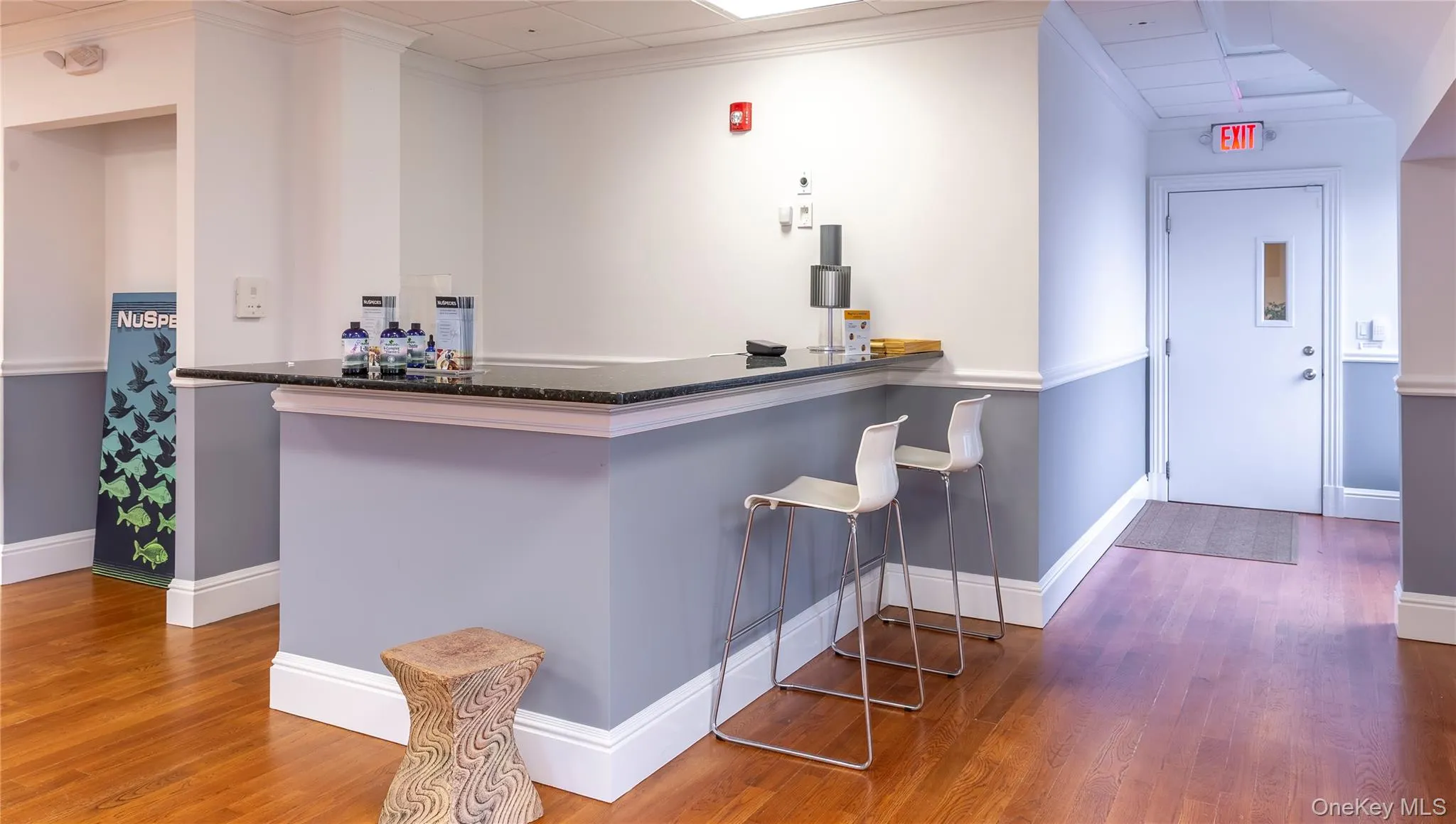 Inside, the suite is thoughtfully designed with a welcoming reception area featuring granite countertops. Inside, the suite is thoughtfully designed with a welcoming reception area featuring granite countertops.