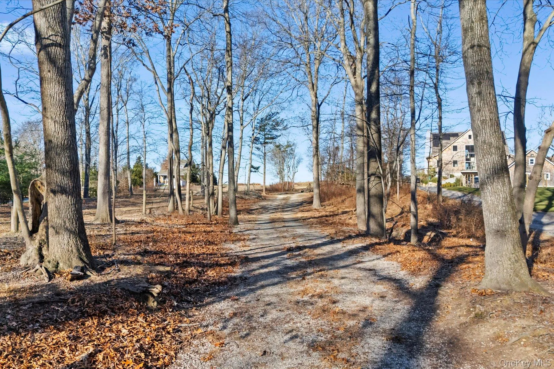 Peaceful wooded approach with a gravel drive, showcasing the property's natural setting and sense of privacy just moments from the waterfront Peaceful wooded approach with a gravel drive, showcasing the property's natural setting and sense of privacy just moments from the waterfront
