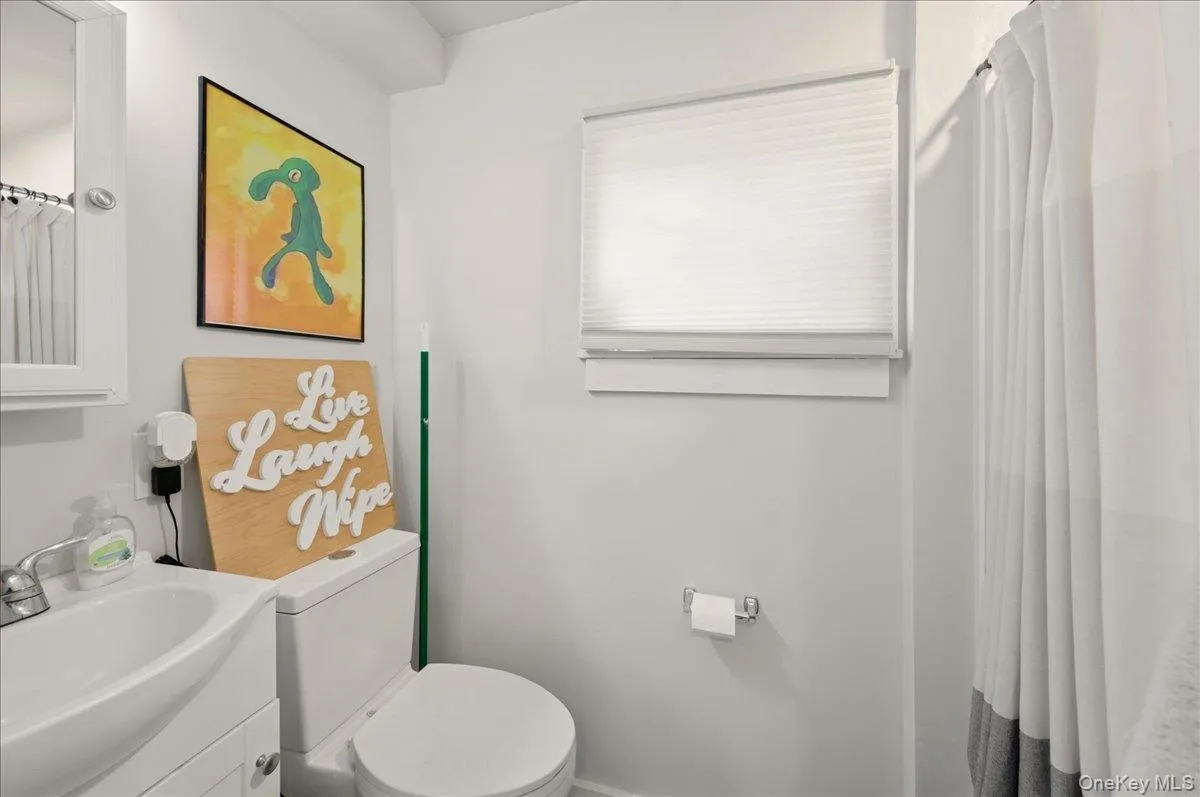 Bathroom featuring a shower with shower curtain and vanity Bathroom featuring a shower with shower curtain and vanity