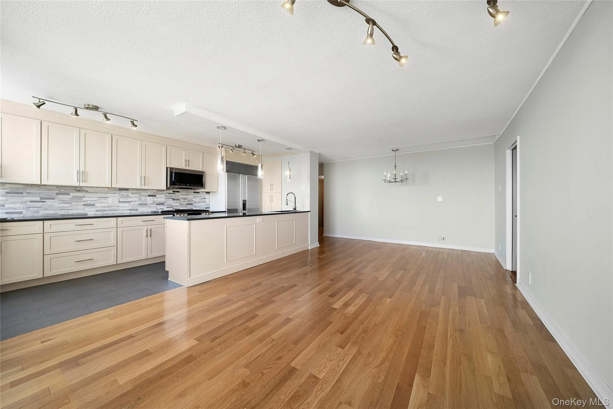 Kitchen featuring dark countertops, open floor plan, decorative backsplash, light wood-type flooring, and stainless steel appliances Kitchen featuring dark countertops, open floor plan, decorative backsplash, light wood-type flooring, and stainless steel appliances