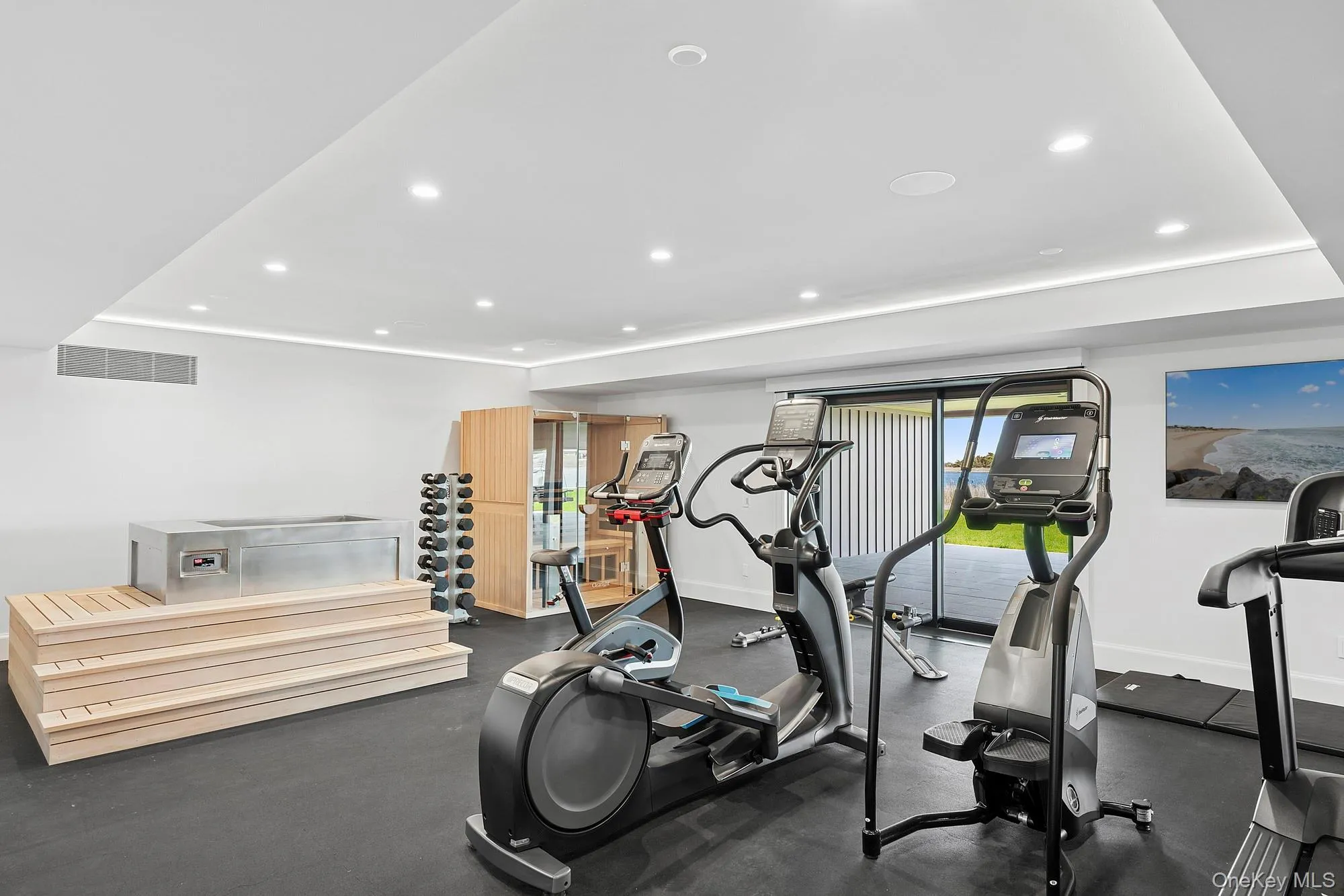 Exercise room featuring recessed lighting, plenty of natural light, and baseboards Exercise room featuring recessed lighting, plenty of natural light, and baseboards