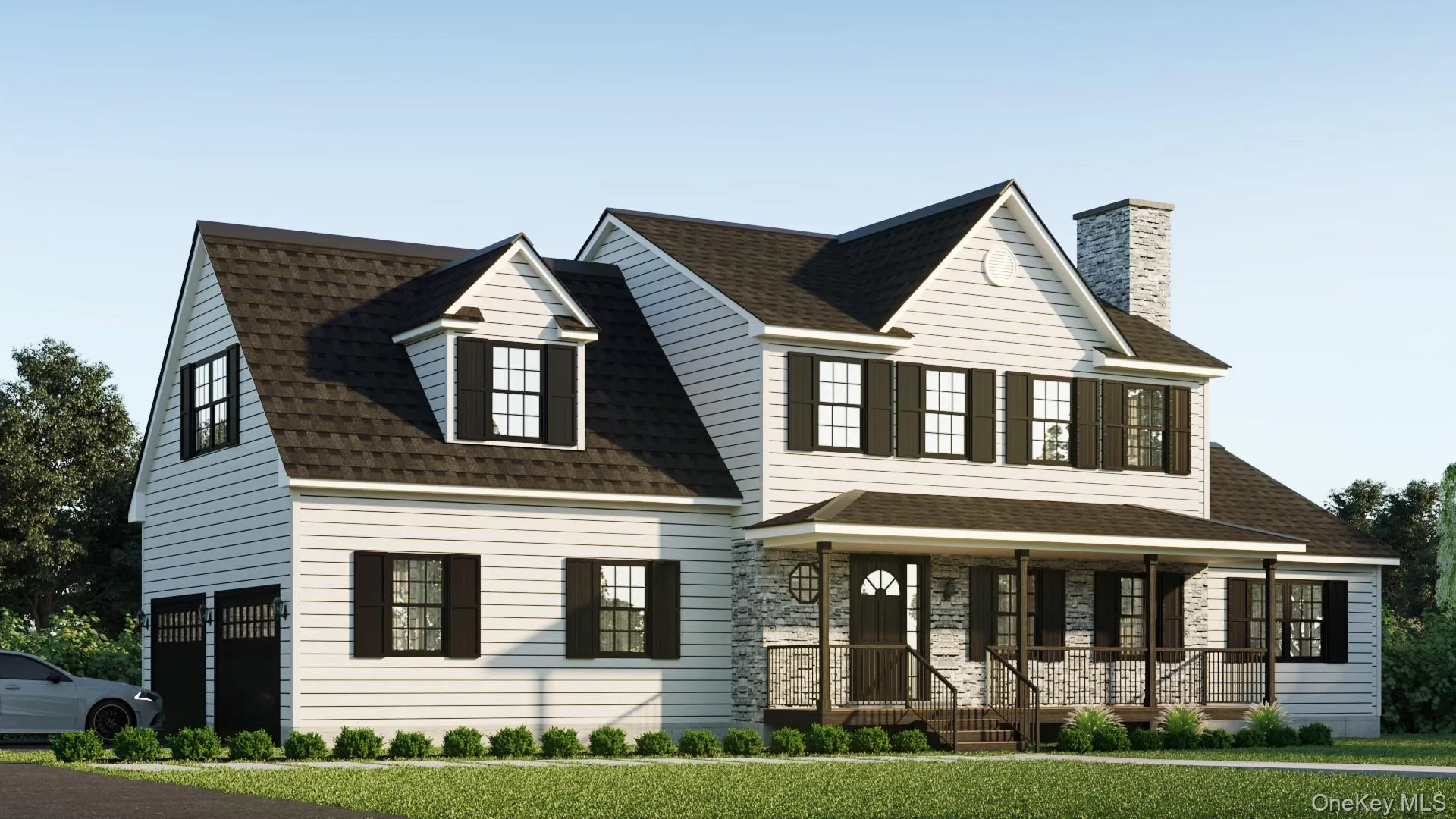 View of front of home featuring a shingled roof, a porch, a chimney, a front lawn, and a garage View of front of home featuring a shingled roof, a porch, a chimney, a front lawn, and a garage