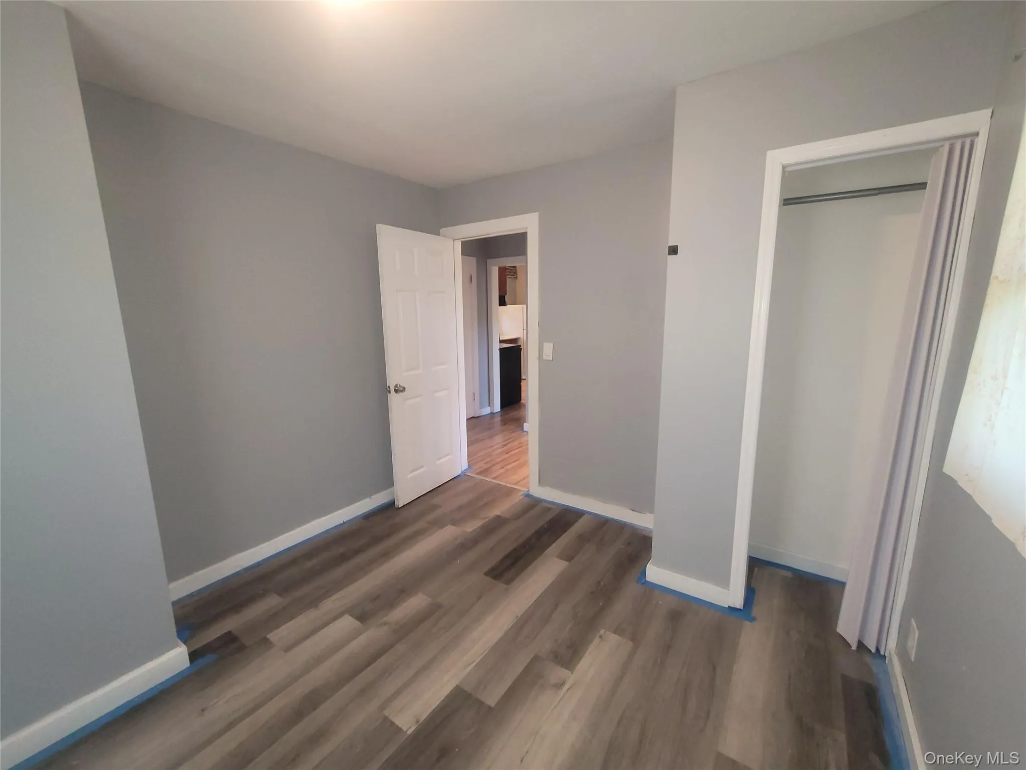 Interior room featuring wood-finish flooring and light gray painted walls Interior room featuring wood-finish flooring and light gray painted walls