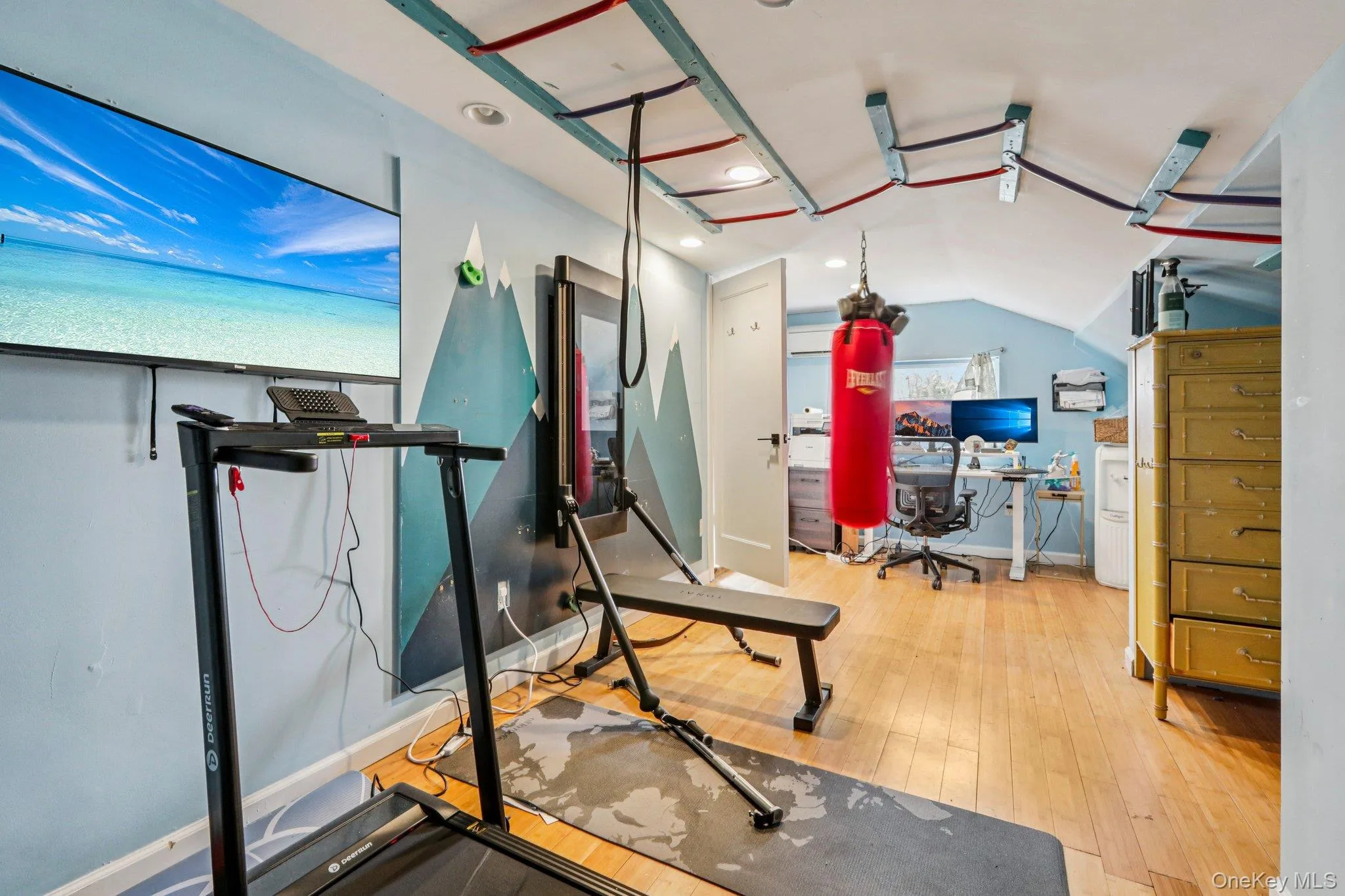 Exercise area featuring light wood finished floors, lofted ceiling, and recessed lighting Exercise area featuring light wood finished floors, lofted ceiling, and recessed lighting