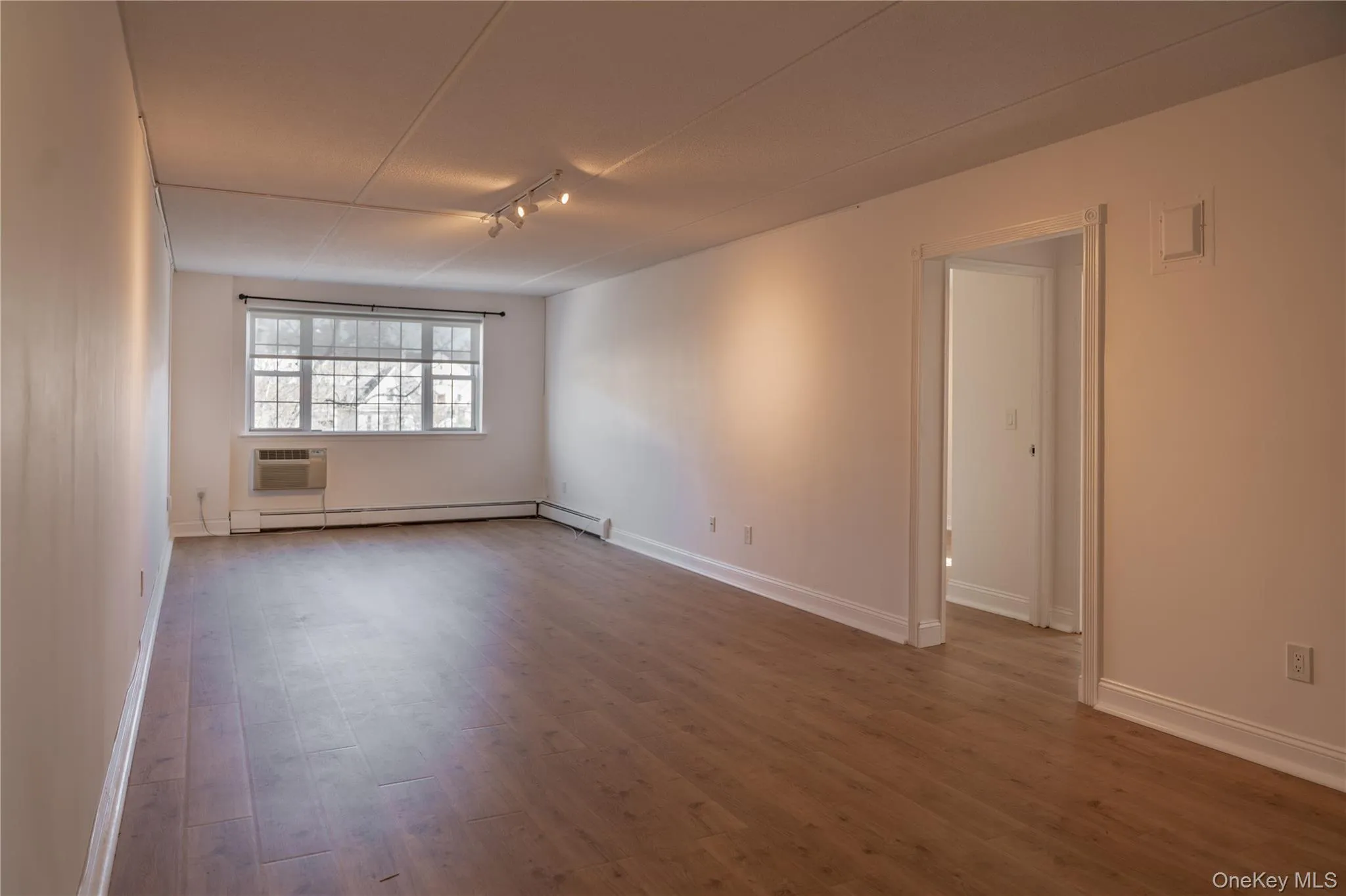 Large living room with new flooring opening to bedroom Large living room with new flooring opening to bedroom