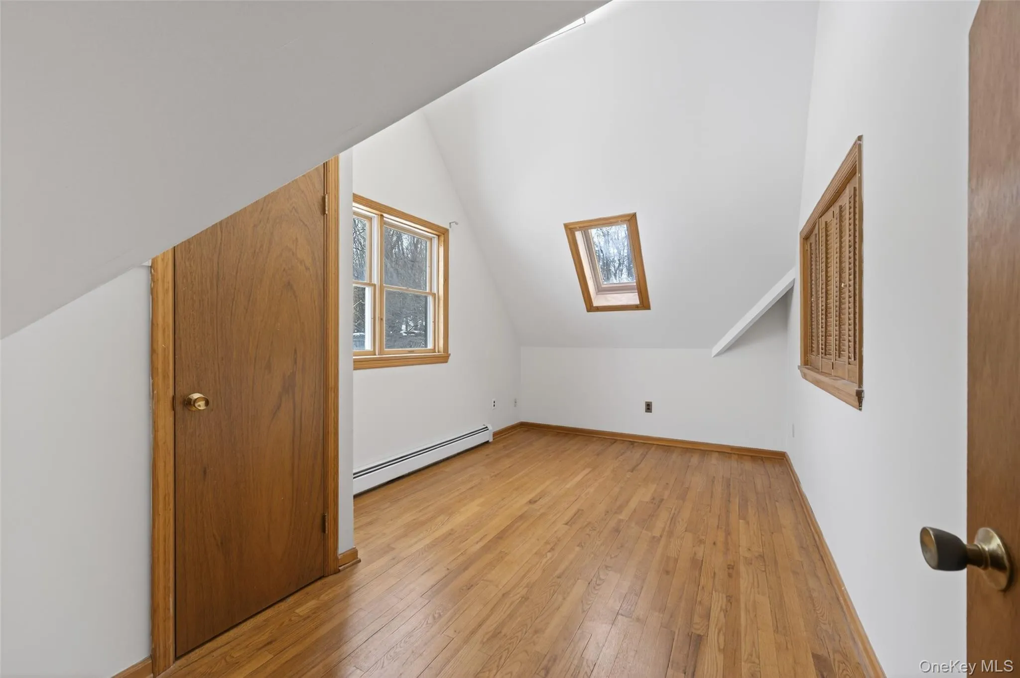 Bedroom featuring a skylight, light wood finished floors, vaulted ceiling, and a baseboard radiator Bedroom featuring a skylight, light wood finished floors, vaulted ceiling, and a baseboard radiator