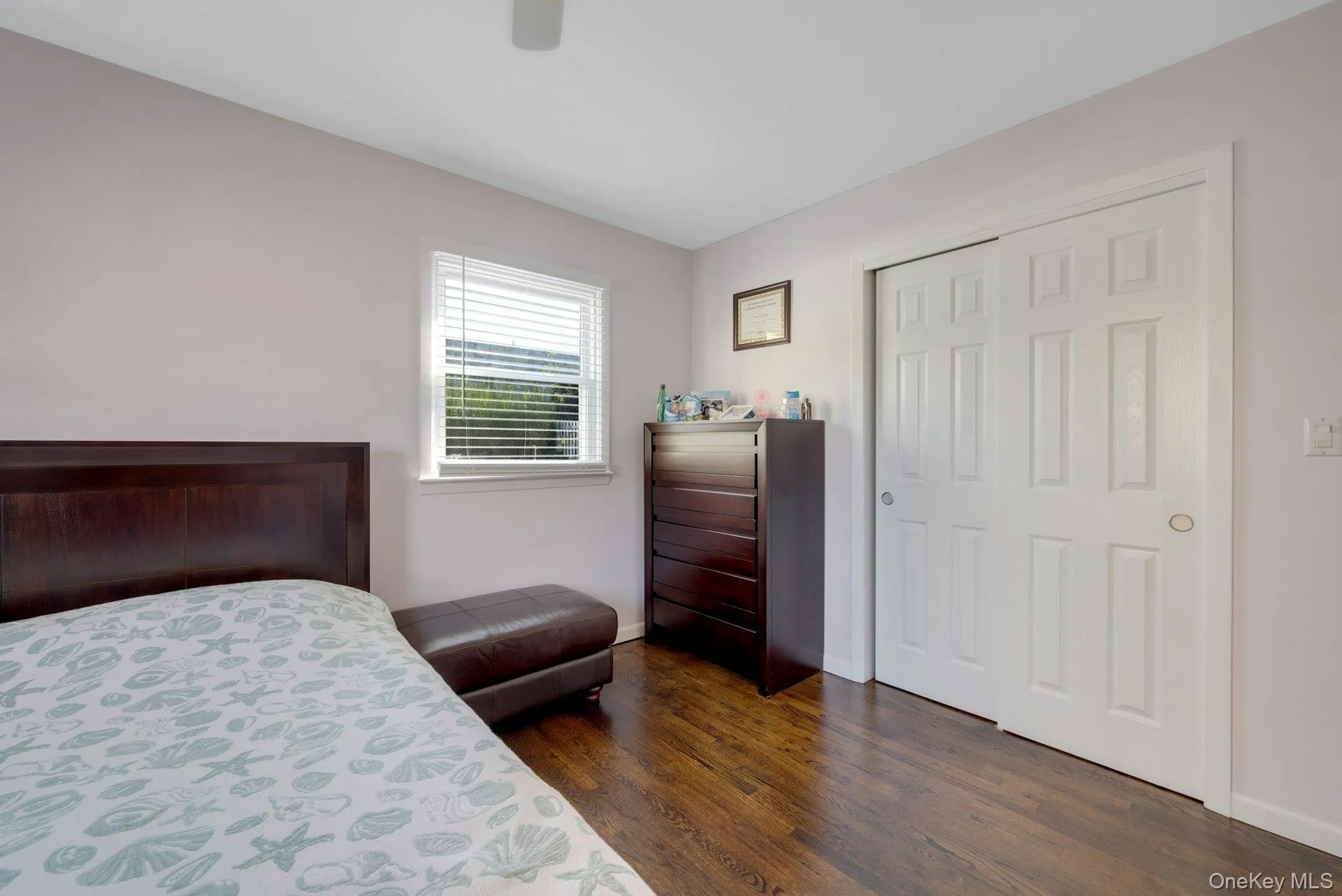Bedroom featuring a closet, dark hardwood / wood-style floors, and ceiling fan Bedroom featuring a closet, dark hardwood / wood-style floors, and ceiling fan