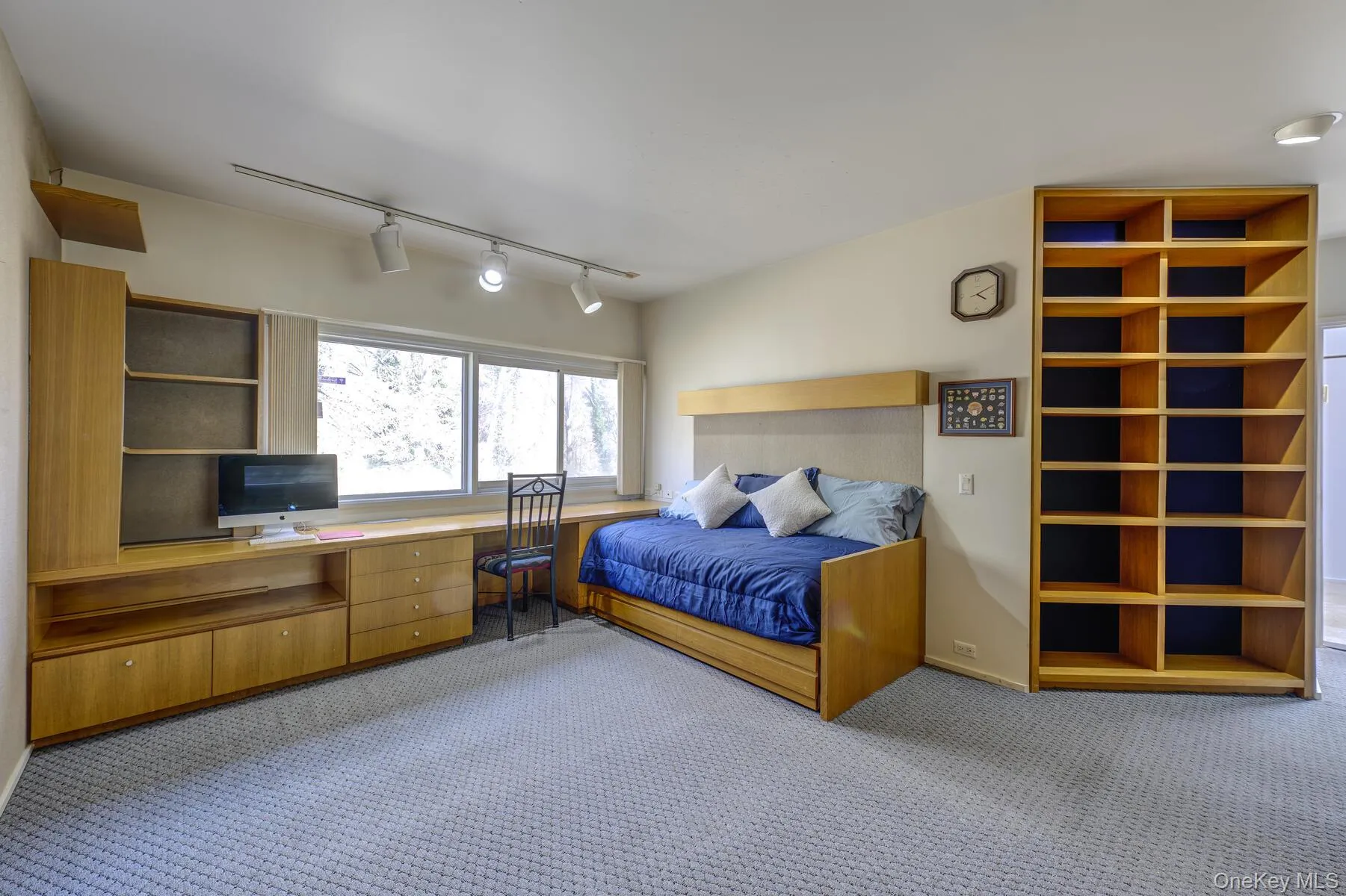 Carpeted bedroom featuring rail lighting and built in desk Carpeted bedroom featuring rail lighting and built in desk