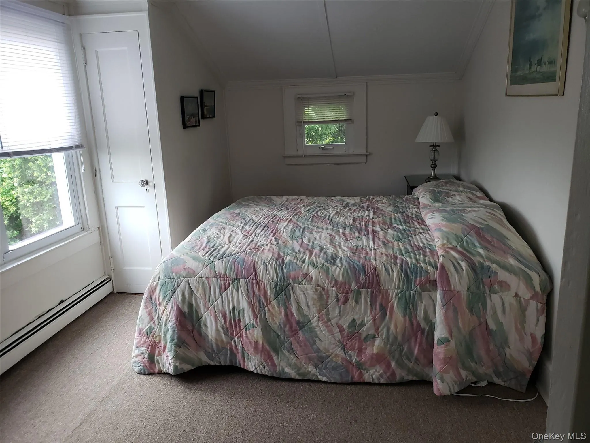 Bedroom with lofted ceiling, carpet floors, and ornamental molding Bedroom with lofted ceiling, carpet floors, and ornamental molding