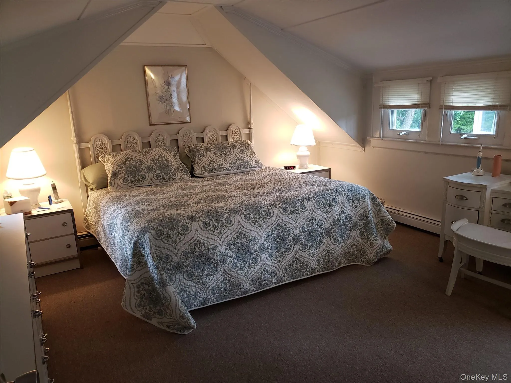 Carpeted bedroom featuring crown molding and a baseboard radiator Carpeted bedroom featuring crown molding and a baseboard radiator