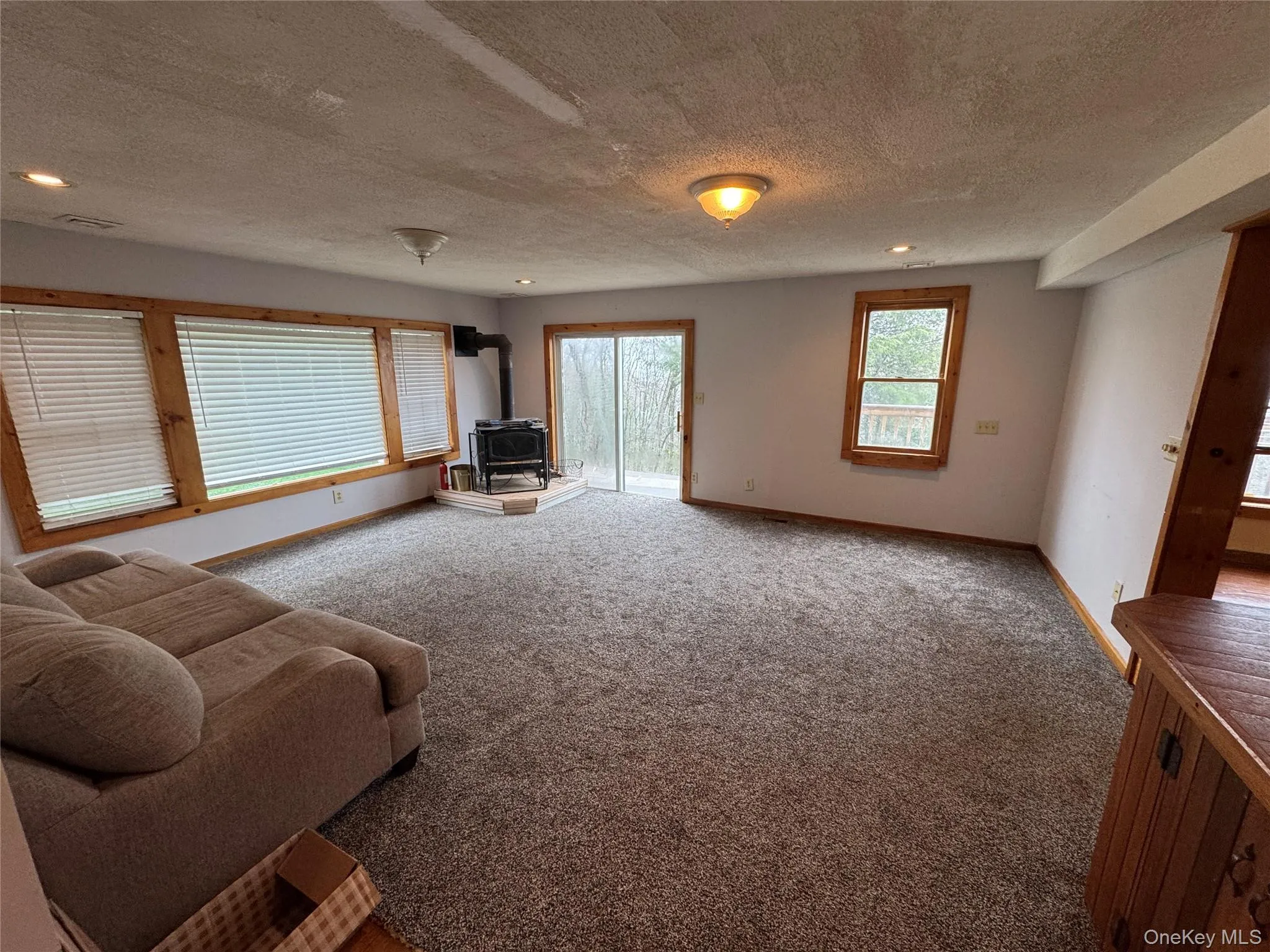 This inviting living space features wood trim around the windows and sliding glass door, a wood stove on a light-colored hearth, and wall-to-wall carpeting This inviting living space features wood trim around the windows and sliding glass door, a wood stove on a light-colored hearth, and wall-to-wall carpeting