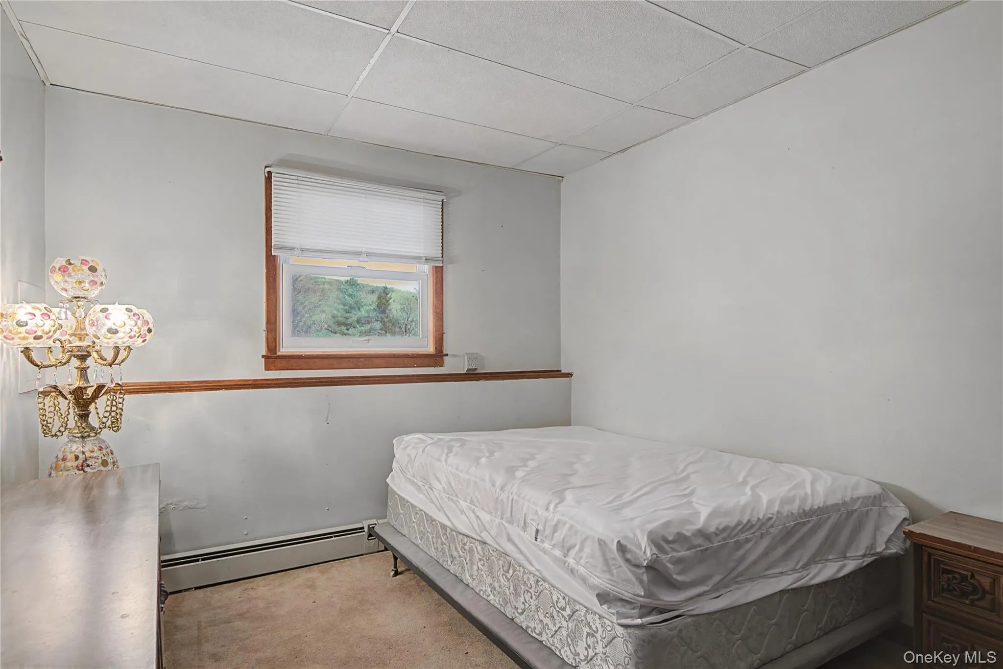 Bedroom featuring baseboard heating, a paneled ceiling, and carpet floors Bedroom featuring baseboard heating, a paneled ceiling, and carpet floors