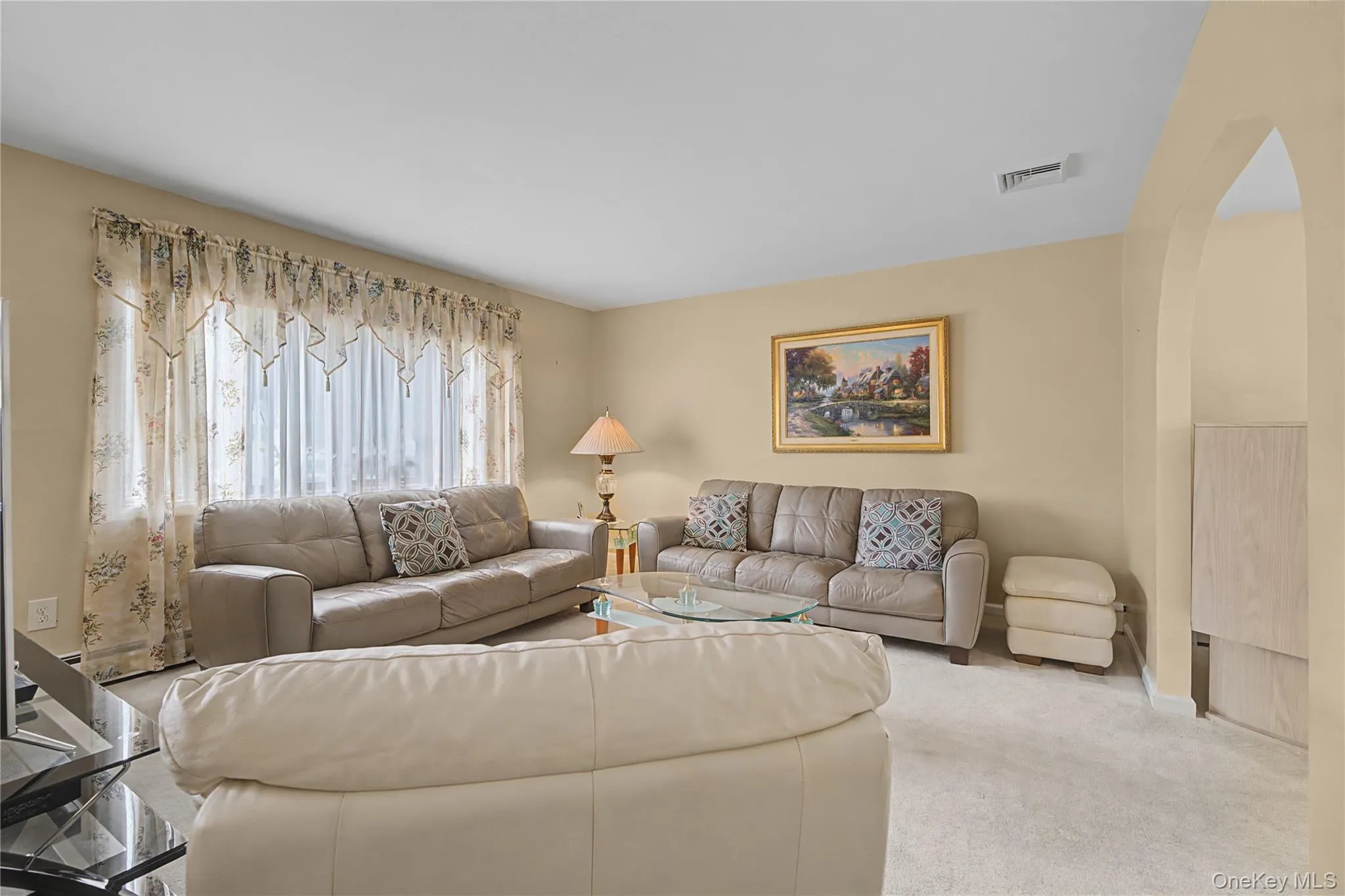Living room featuring carpet and arched walkways Living room featuring carpet and arched walkways