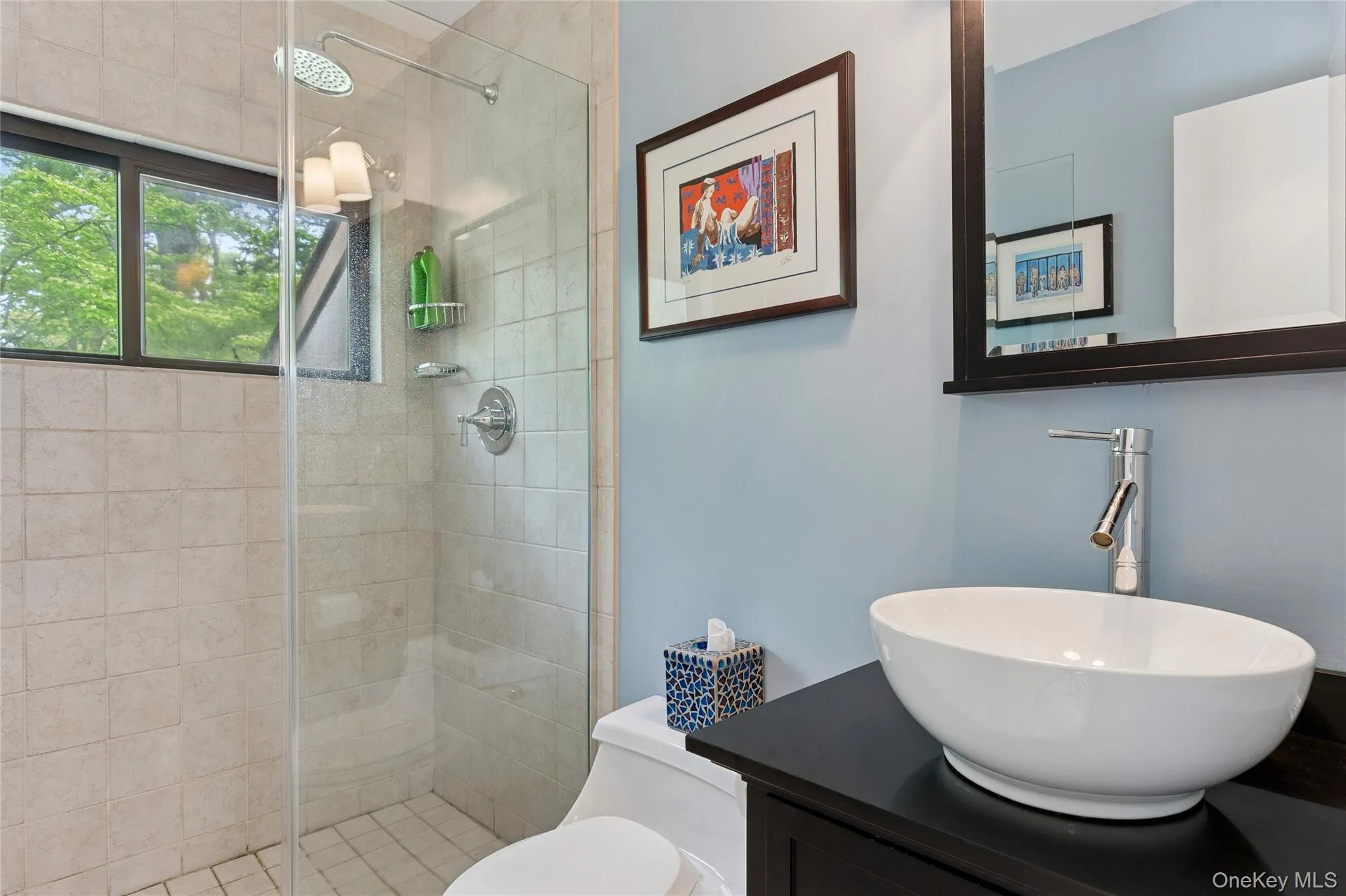 Bathroom featuring a tile shower, toilet, and vanity Bathroom featuring a tile shower, toilet, and vanity