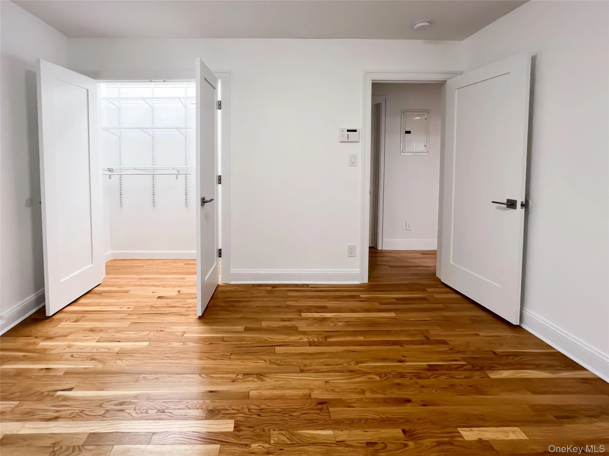 Unfurnished bedroom featuring light wood finished floors, a walk in closet, and electric panel Unfurnished bedroom featuring light wood finished floors, a walk in closet, and electric panel