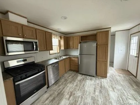 Kitchen with a healthy amount of sunlight, stainless steel appliances, and light wood-type flooring Kitchen with a healthy amount of sunlight, stainless steel appliances, and light wood-type flooring