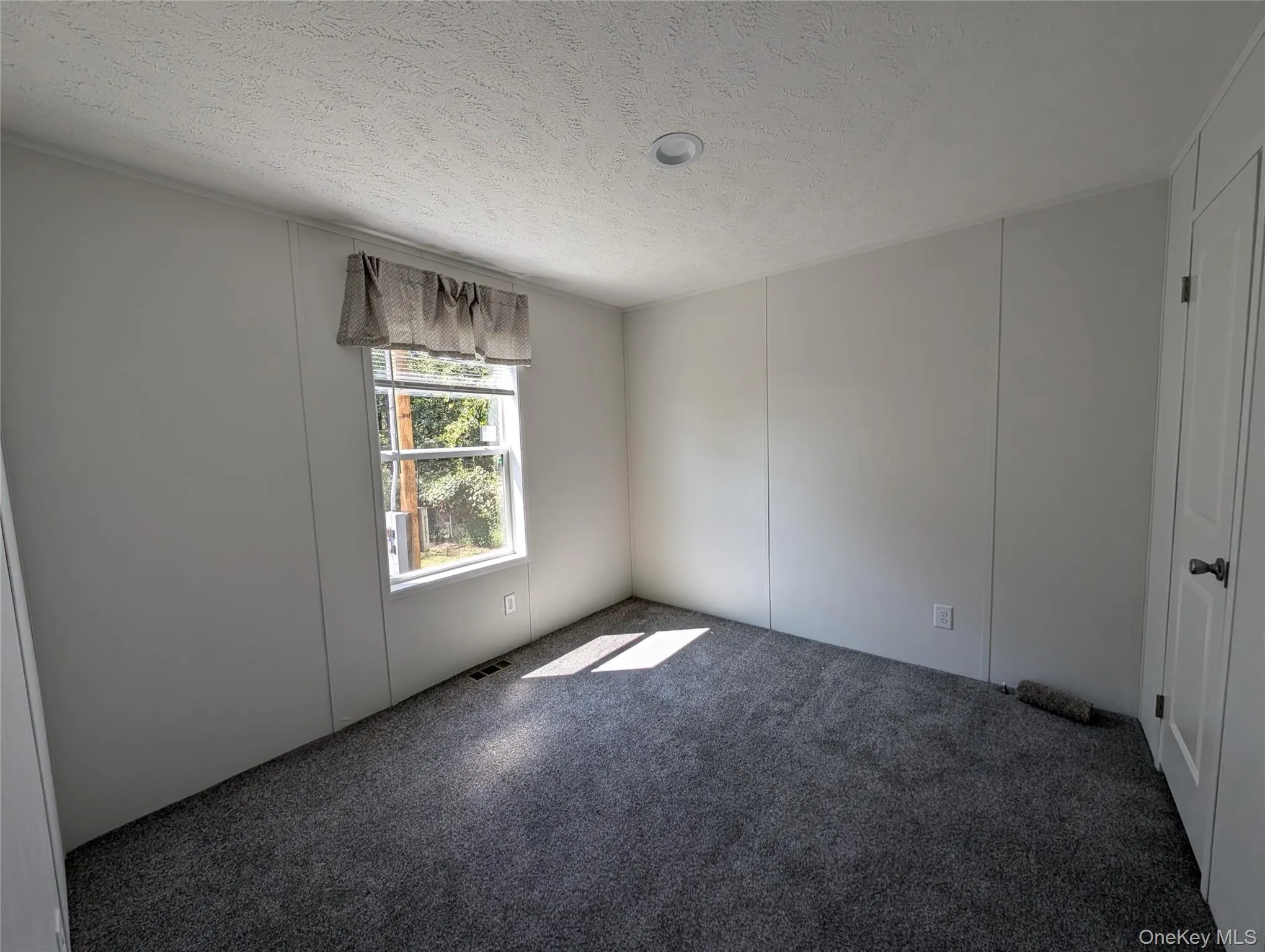 Spare room with carpet, a textured ceiling, and visible vents Spare room with carpet, a textured ceiling, and visible vents
