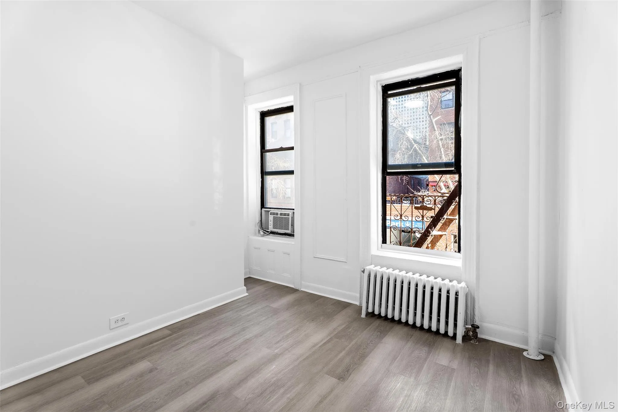 Unfurnished room featuring radiator and light wood finished floors Unfurnished room featuring radiator and light wood finished floors