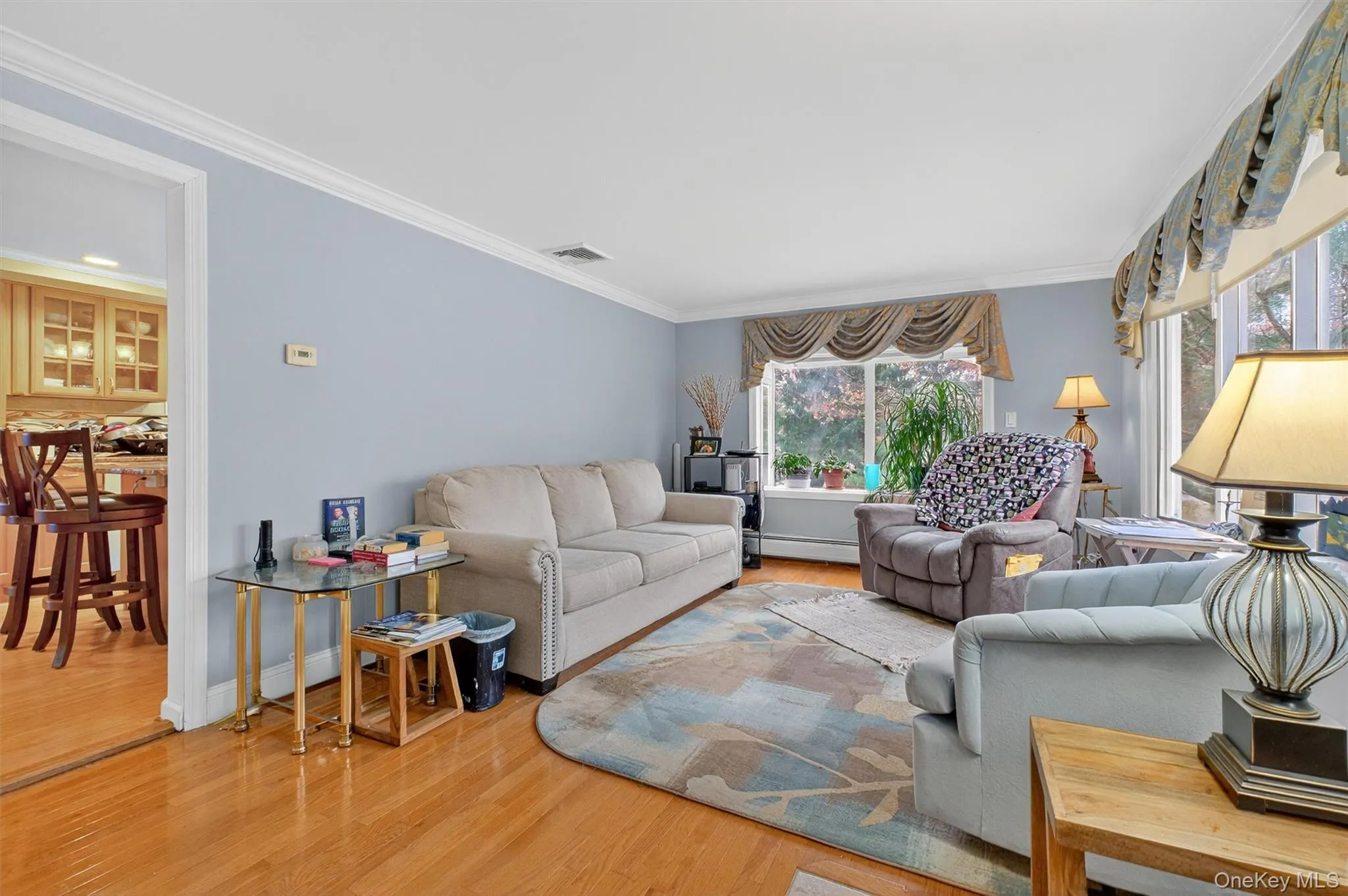 Living room featuring wood finished floors, crown molding, and a baseboard heating unit Living room featuring wood finished floors, crown molding, and a baseboard heating unit