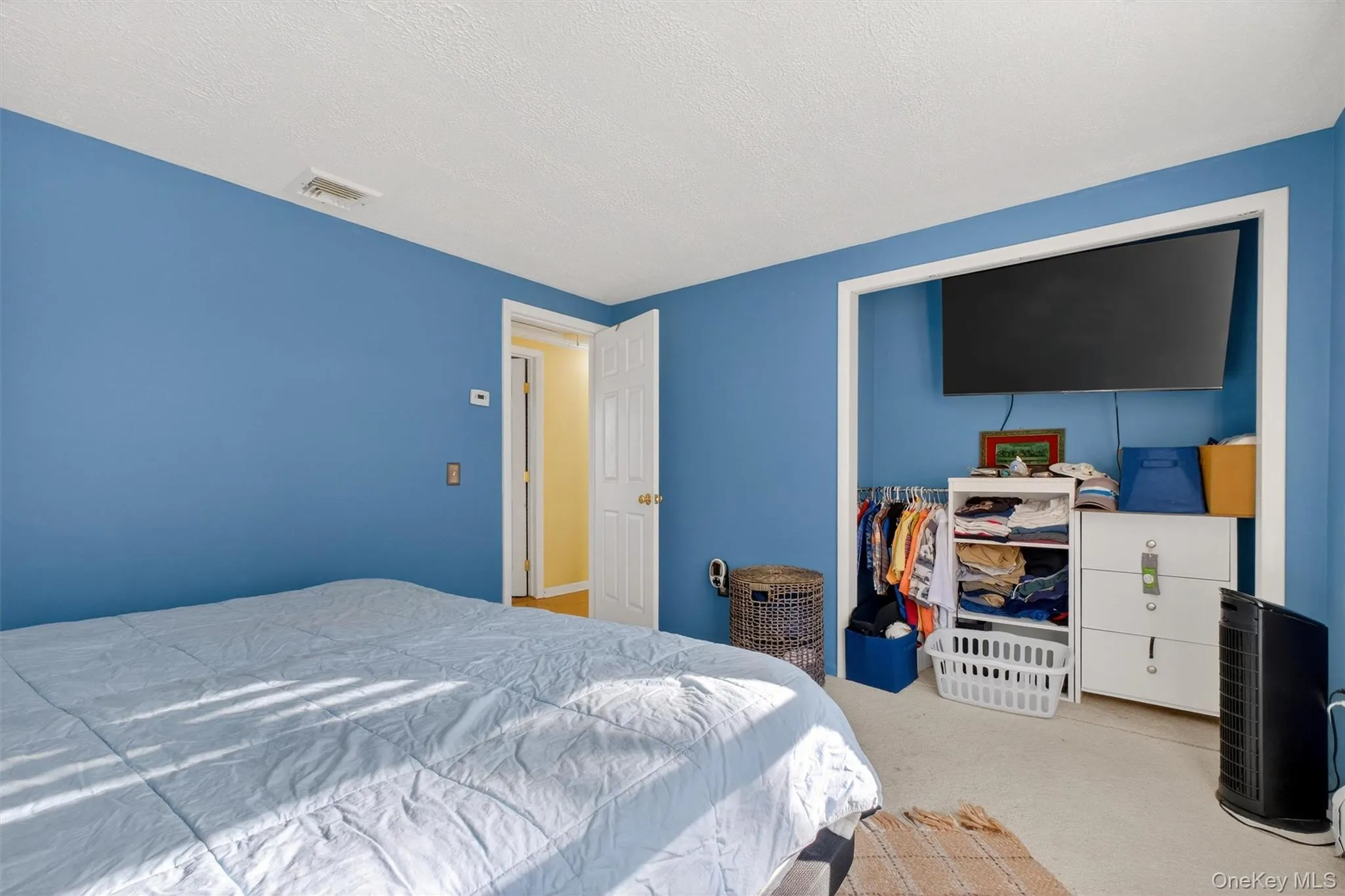Carpeted bedroom featuring a textured ceiling and a closet Carpeted bedroom featuring a textured ceiling and a closet