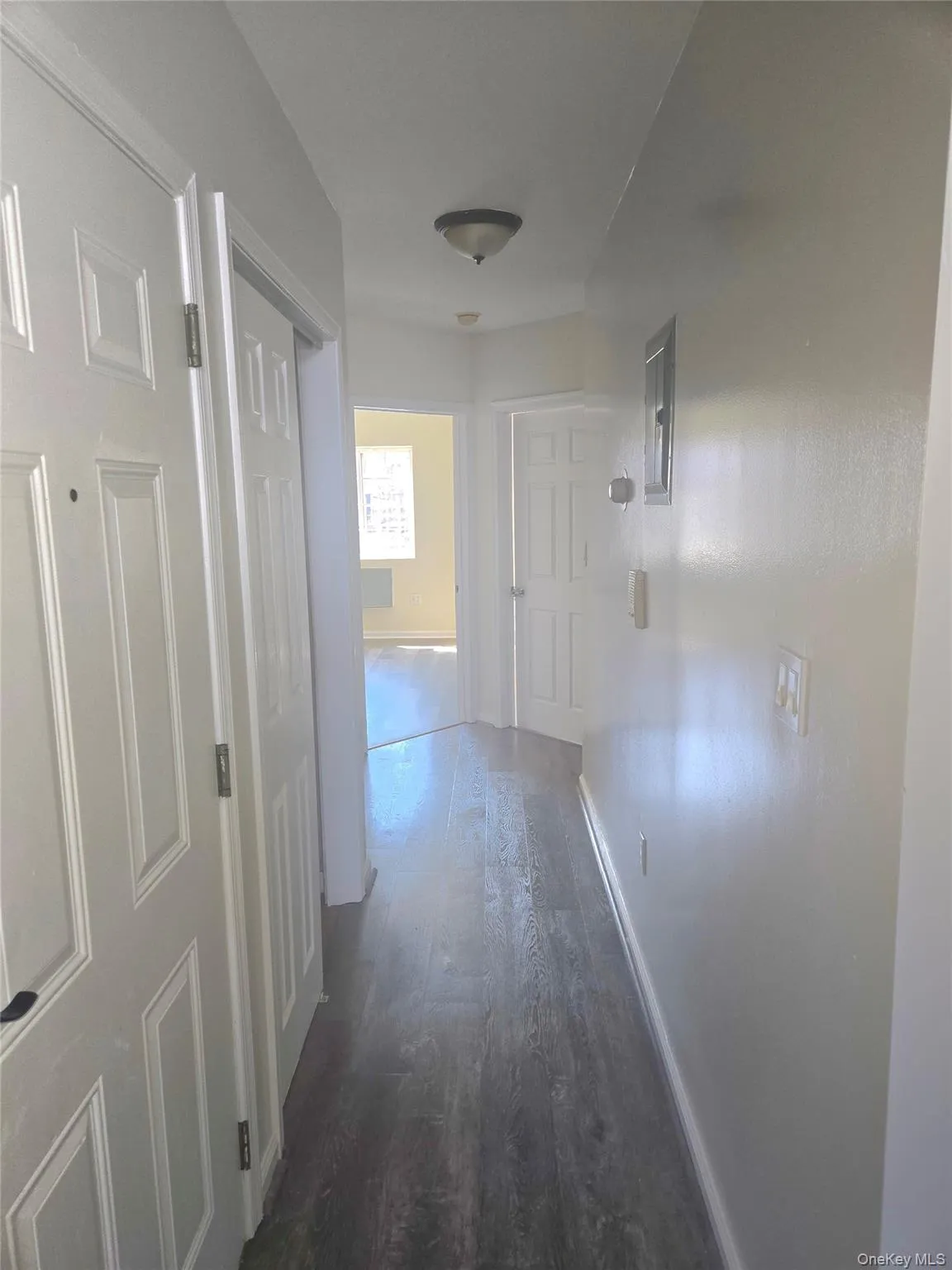 Hall with dark wood-style floors and baseboards Hall with dark wood-style floors and baseboards
