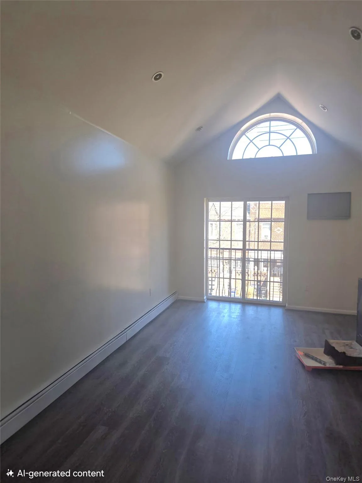 Unfurnished living room featuring a baseboard heating unit, dark wood-type flooring, and a high ceiling Unfurnished living room featuring a baseboard heating unit, dark wood-type flooring, and a high ceiling