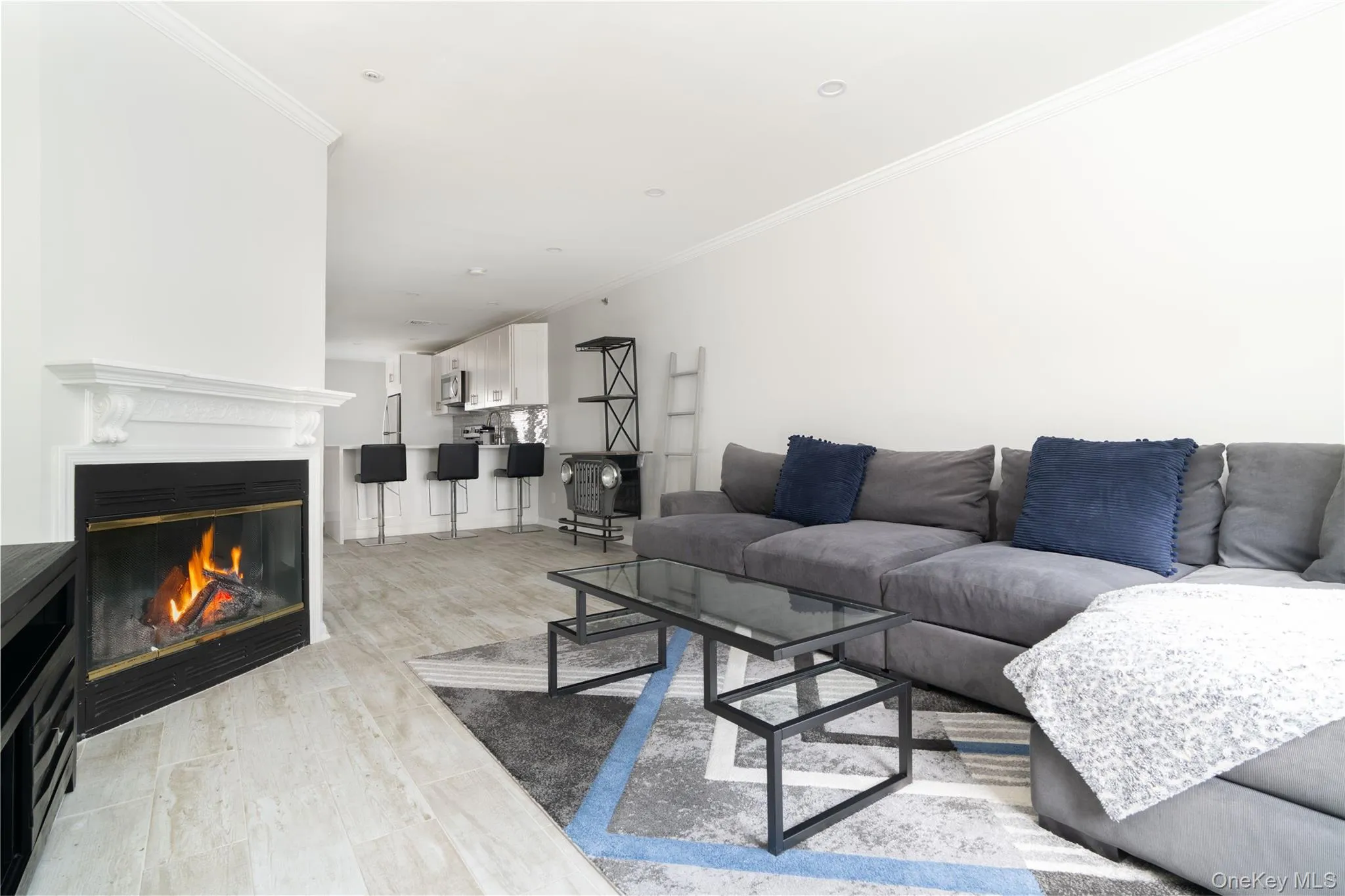 Living room featuring crown molding, a glass covered fireplace, and light wood-type flooring Living room featuring crown molding, a glass covered fireplace, and light wood-type flooring