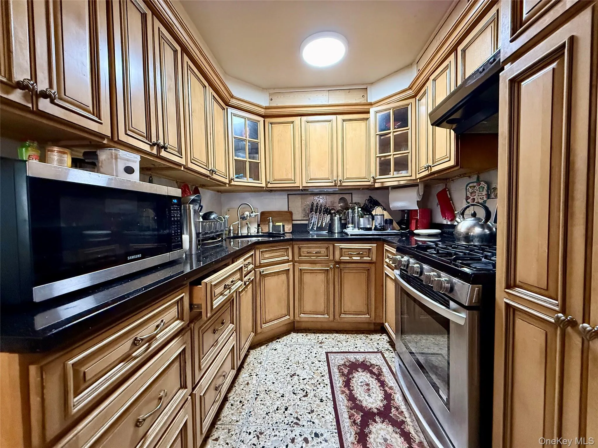 Completely renovated kitchen, light wood cabinets, stainless steel appliances, beautiful marble large tile floor Completely renovated kitchen, light wood cabinets, stainless steel appliances, beautiful marble large tile floor
