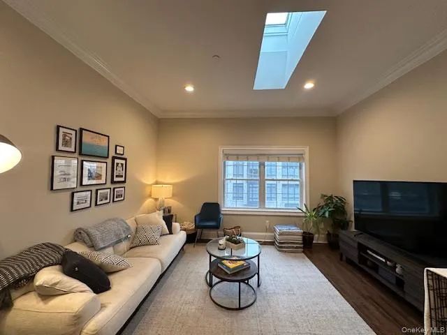 Living room featuring ornamental molding, a skylight, wood finished floors, and recessed lighting Living room featuring ornamental molding, a skylight, wood finished floors, and recessed lighting