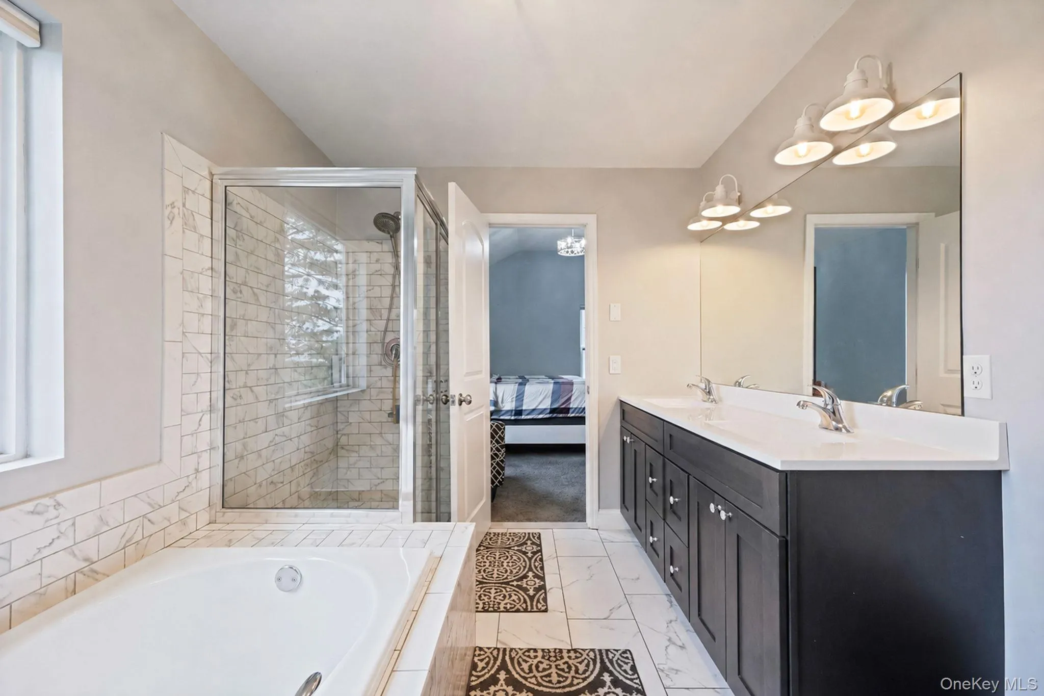 Primary En-Suite Bathroom with Dual Vanity, Walk In Shower, Separate Tub Primary En-Suite Bathroom with Dual Vanity, Walk In Shower, Separate Tub