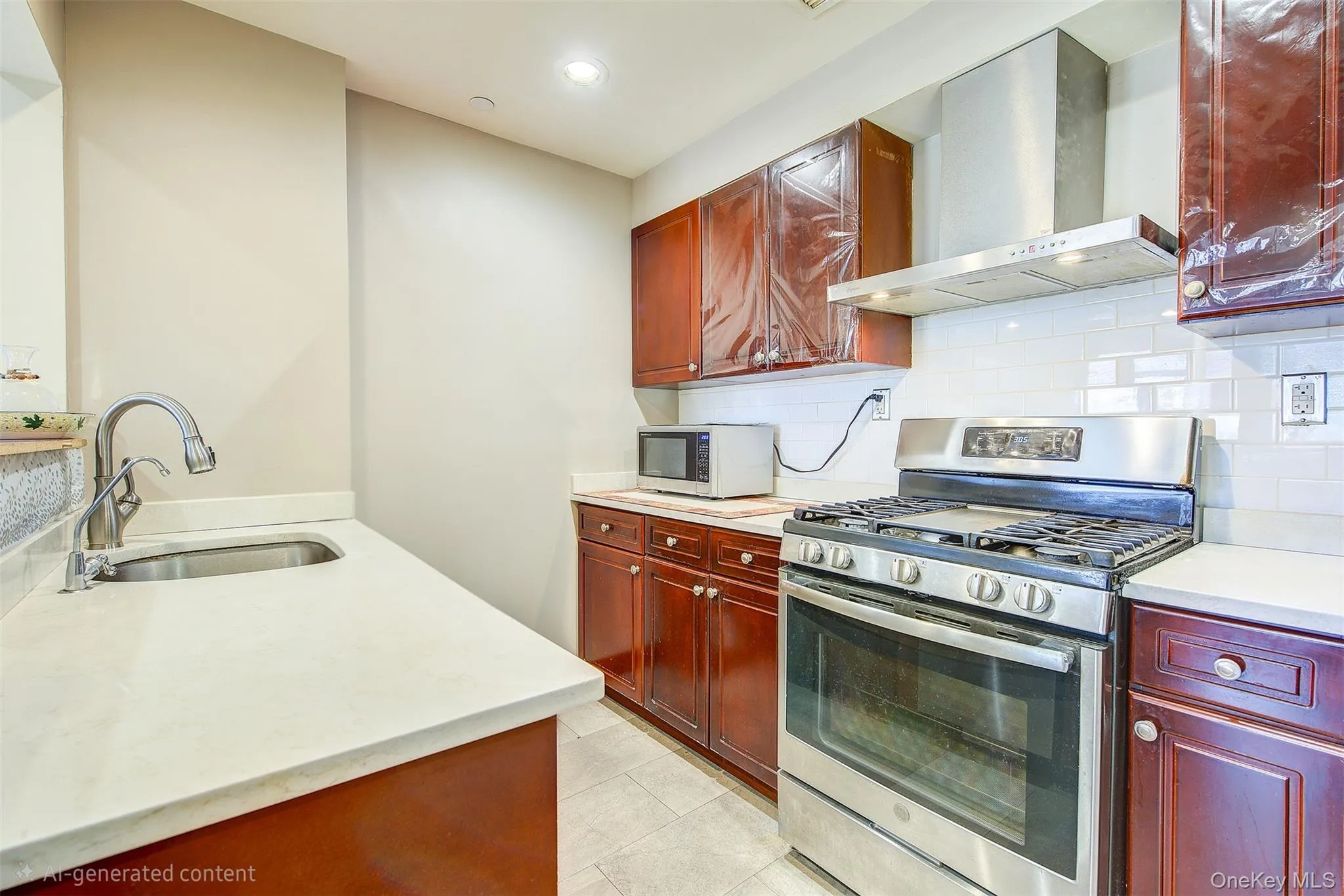 Kitchen featuring gas stove, bold wood finish cabinetry, backsplash, recessed lighting, and light stone counters Kitchen featuring gas stove, bold wood finish cabinetry, backsplash, recessed lighting, and light stone counters