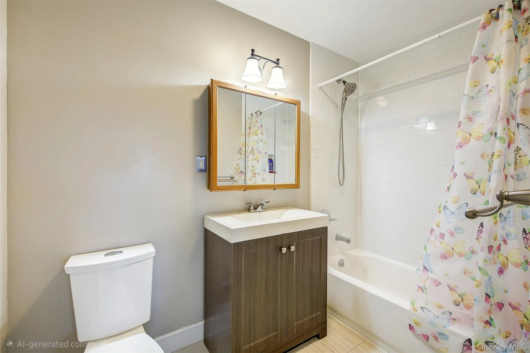 Full bathroom featuring vanity and shower / bath combination with curtain Full bathroom featuring vanity and shower / bath combination with curtain