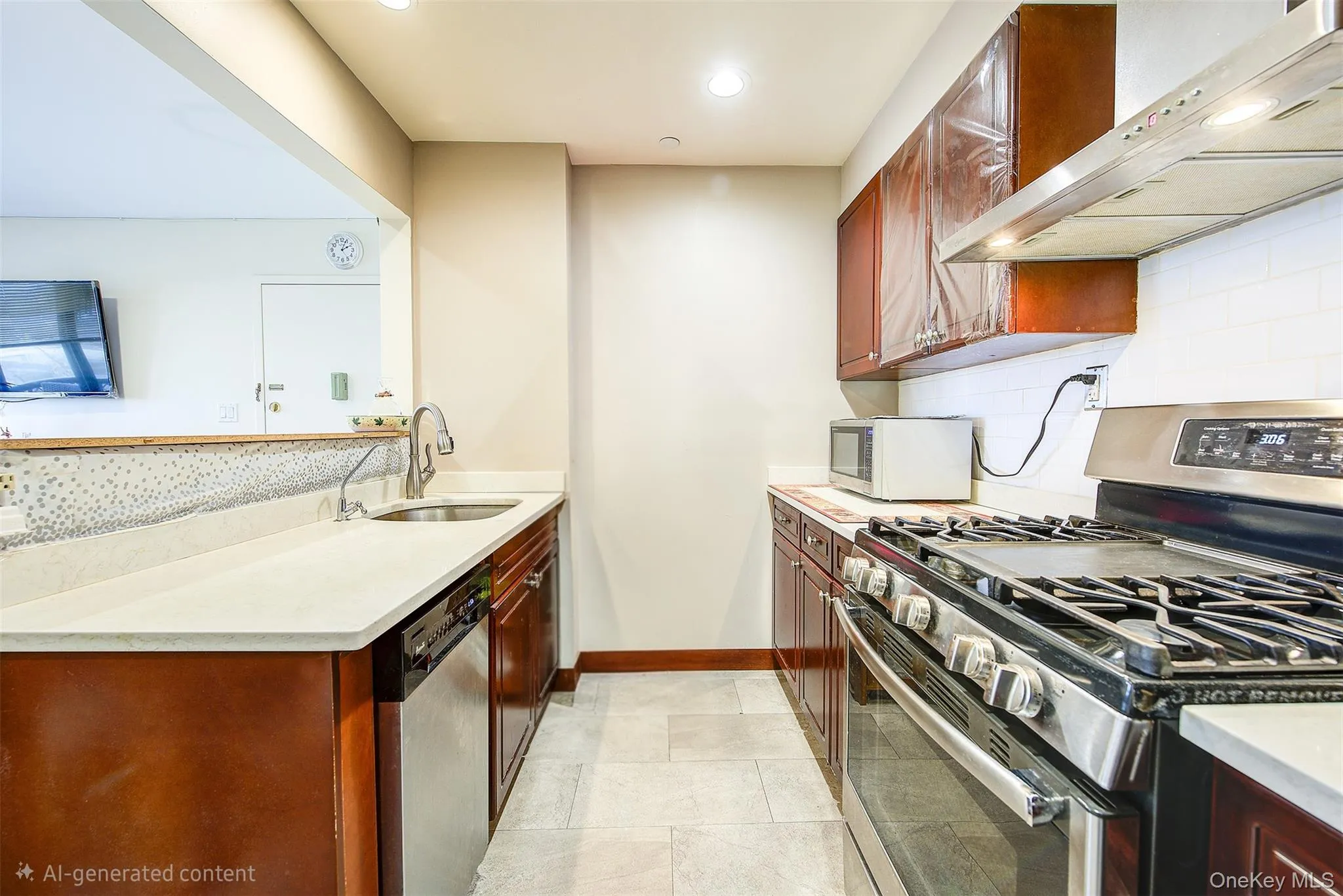 Kitchen featuring stainless steel appliances, decorative backsplash, a peninsula, recessed lighting, and light stone countertops Kitchen featuring stainless steel appliances, decorative backsplash, a peninsula, recessed lighting, and light stone countertops