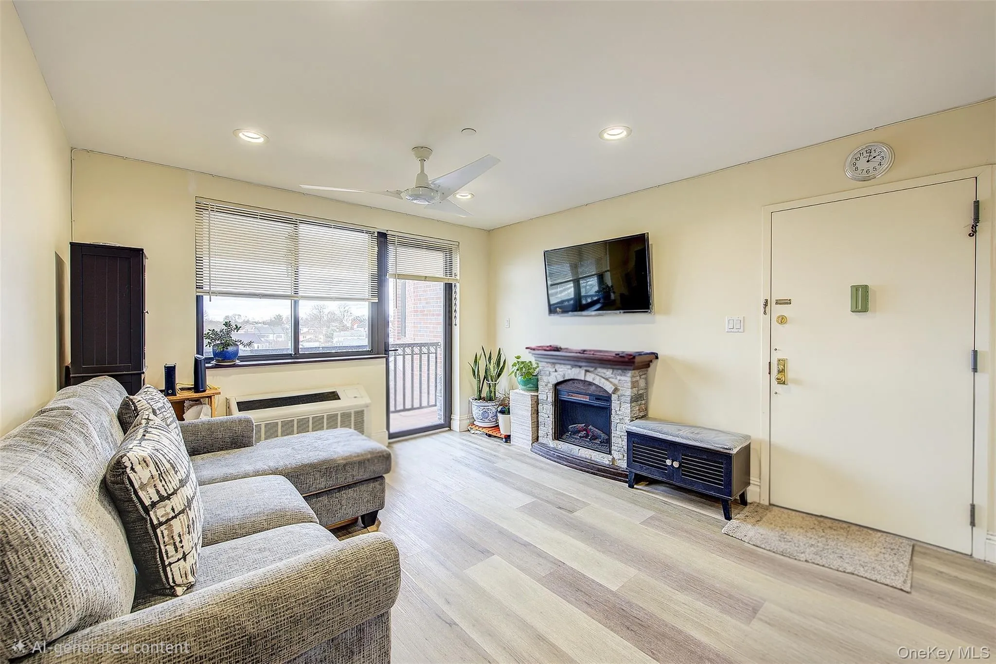 Living area featuring light wood-style floors, a stone fireplace, ceiling fan, and recessed lighting Living area featuring light wood-style floors, a stone fireplace, ceiling fan, and recessed lighting