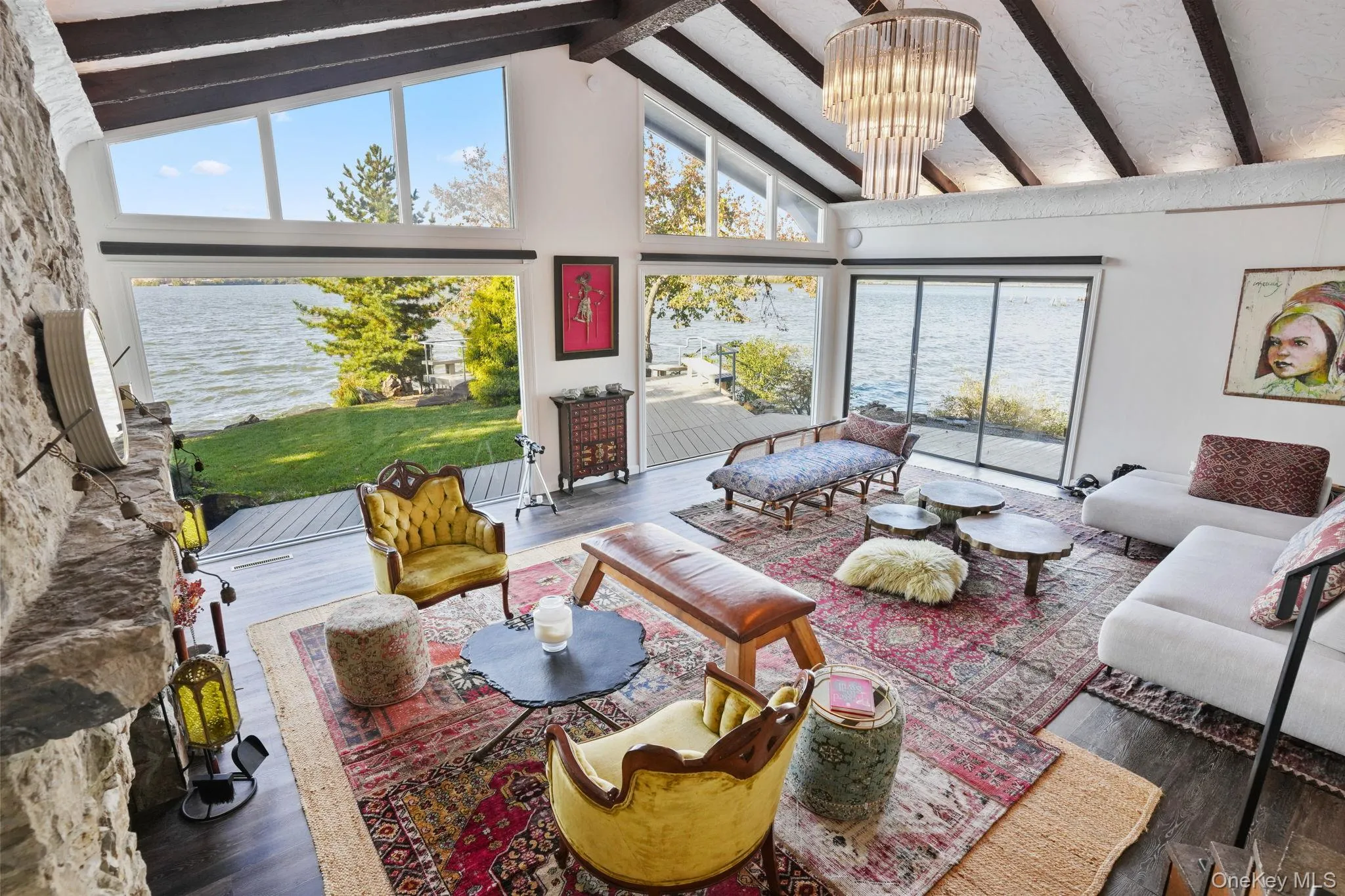 With large stone fireplace With large stone fireplace