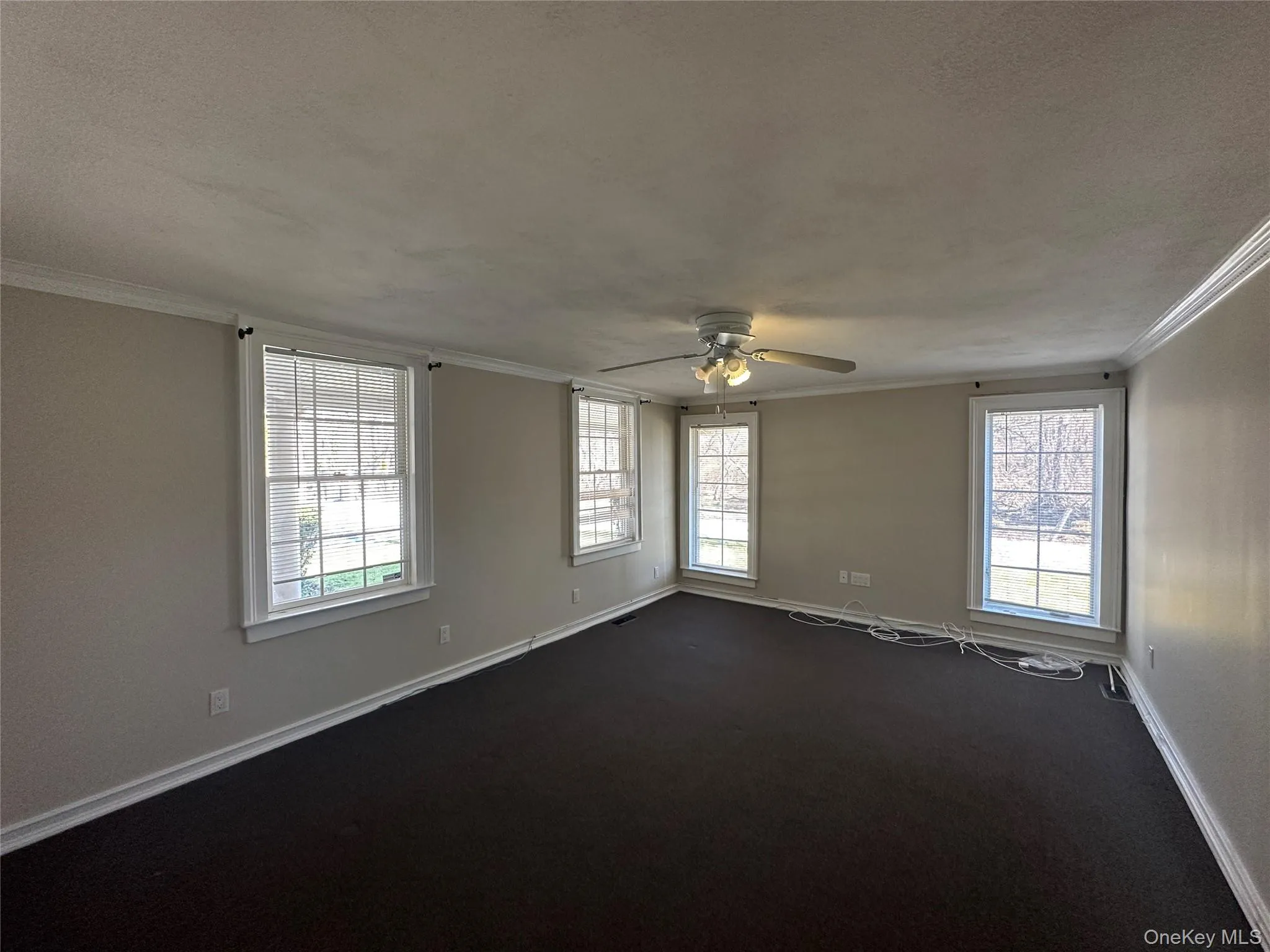 Spare room with crown molding, ceiling fan, dark carpet, and a textured ceiling Spare room with crown molding, ceiling fan, dark carpet, and a textured ceiling