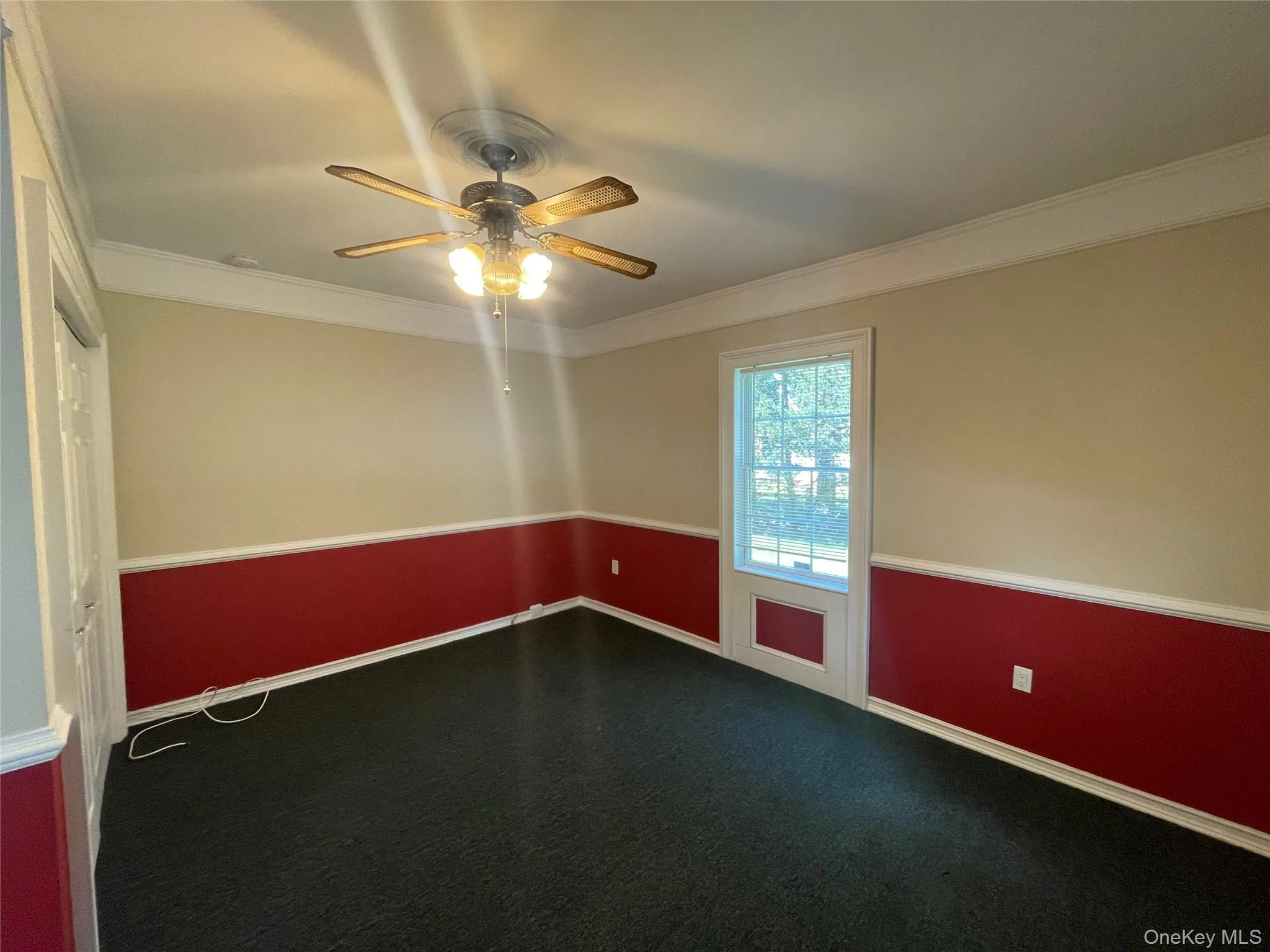 Spare room with ceiling fan, crown molding, and dark carpet Spare room with ceiling fan, crown molding, and dark carpet