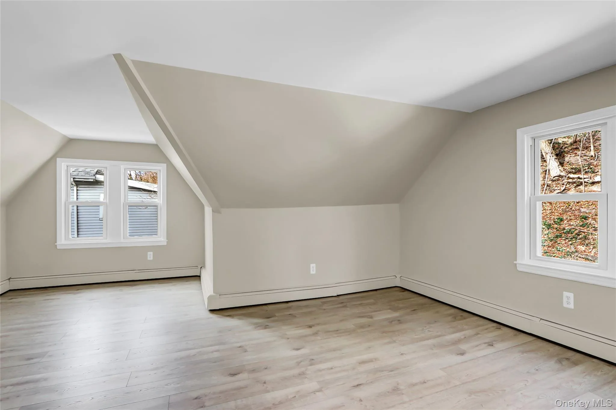 Bonus room with a baseboard heating unit, light wood-style flooring, and vaulted ceiling Bonus room with a baseboard heating unit, light wood-style flooring, and vaulted ceiling
