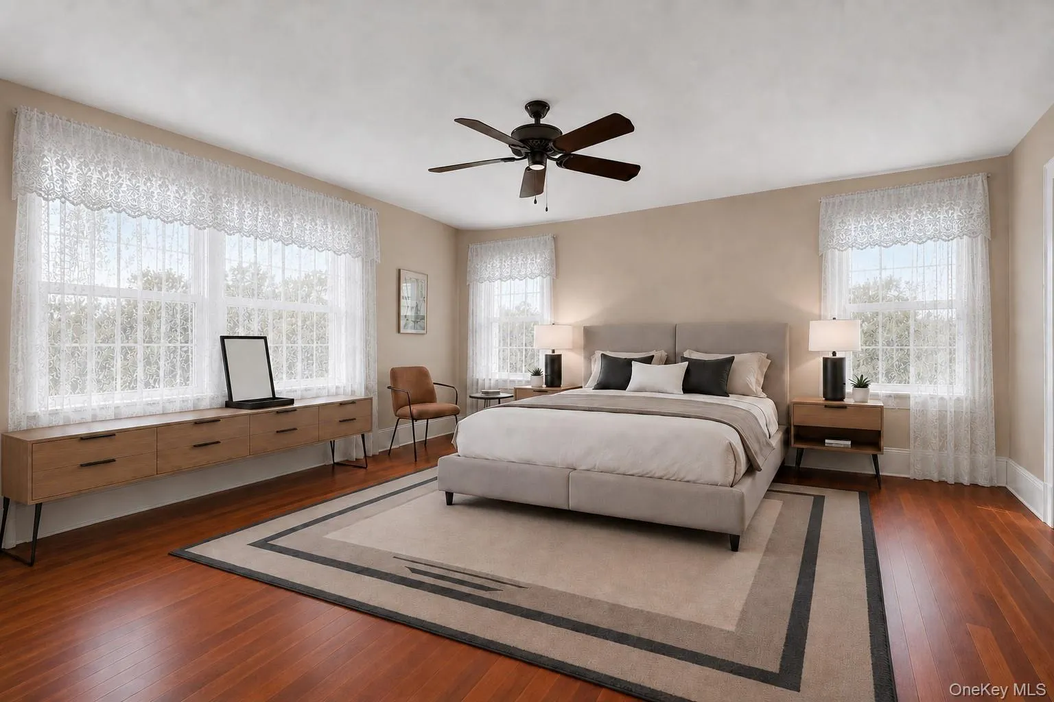 A virtually staged image of the Primary bedroom with a more modern look. A virtually staged image of the Primary bedroom with a more modern look.