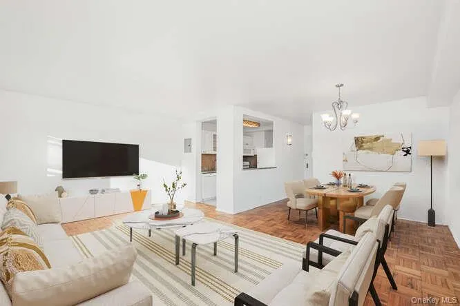 Virtually staged Living area with a chandelier Virtually staged Living area with a chandelier