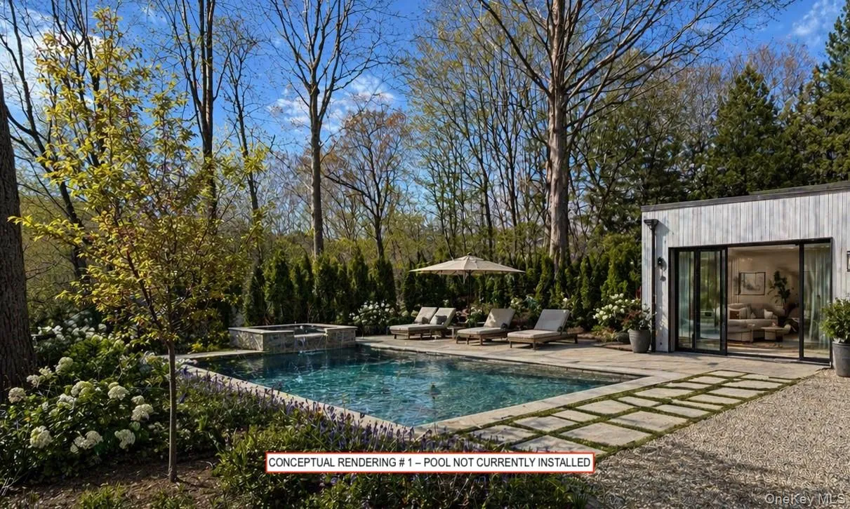 Conceptual rendering illustrating a potential pool utilizing a portion of the existing heated six-car garage as a future pool house. Pool not currently installed. Subject to approvals and buyer verification. Conceptual rendering illustrating a potential pool utilizing a portion of the existing heated six-car garage as a future pool house. Pool not currently installed. Subject to approvals and buyer verification.