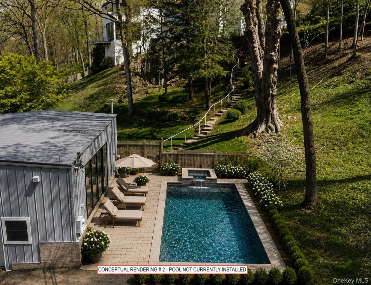 Conceptual rendering illustrating a potential pool retreat adjacent to the existing studio building. Pool not currently installed. Subject to approvals and buyer verification. Conceptual rendering illustrating a potential pool retreat adjacent to the existing studio building. Pool not currently installed. Subject to approvals and buyer verification.