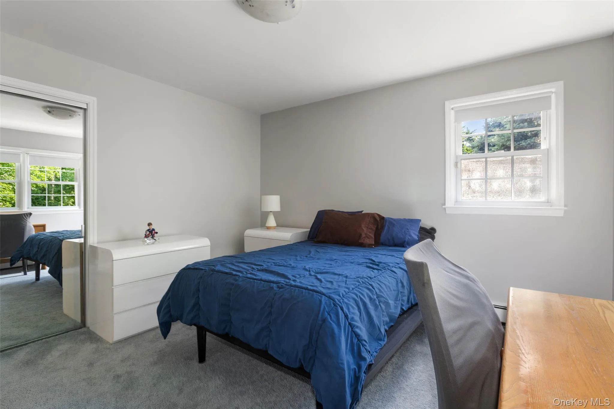 Spacious bedroom with carpeting and hardwood floors underneath Spacious bedroom with carpeting and hardwood floors underneath