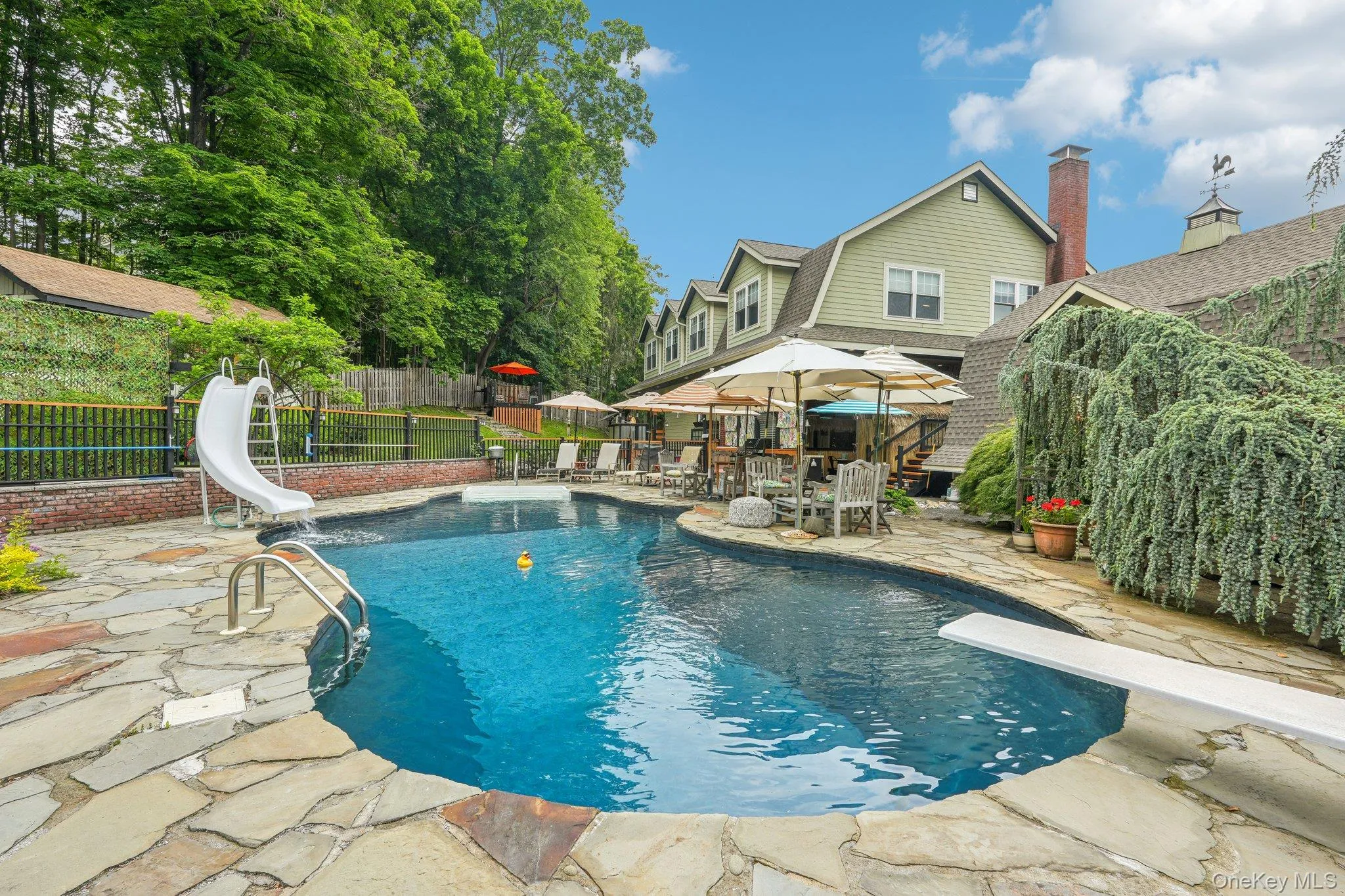 Pool with diving board and outdoor patio, dining area Pool with diving board and outdoor patio, dining area