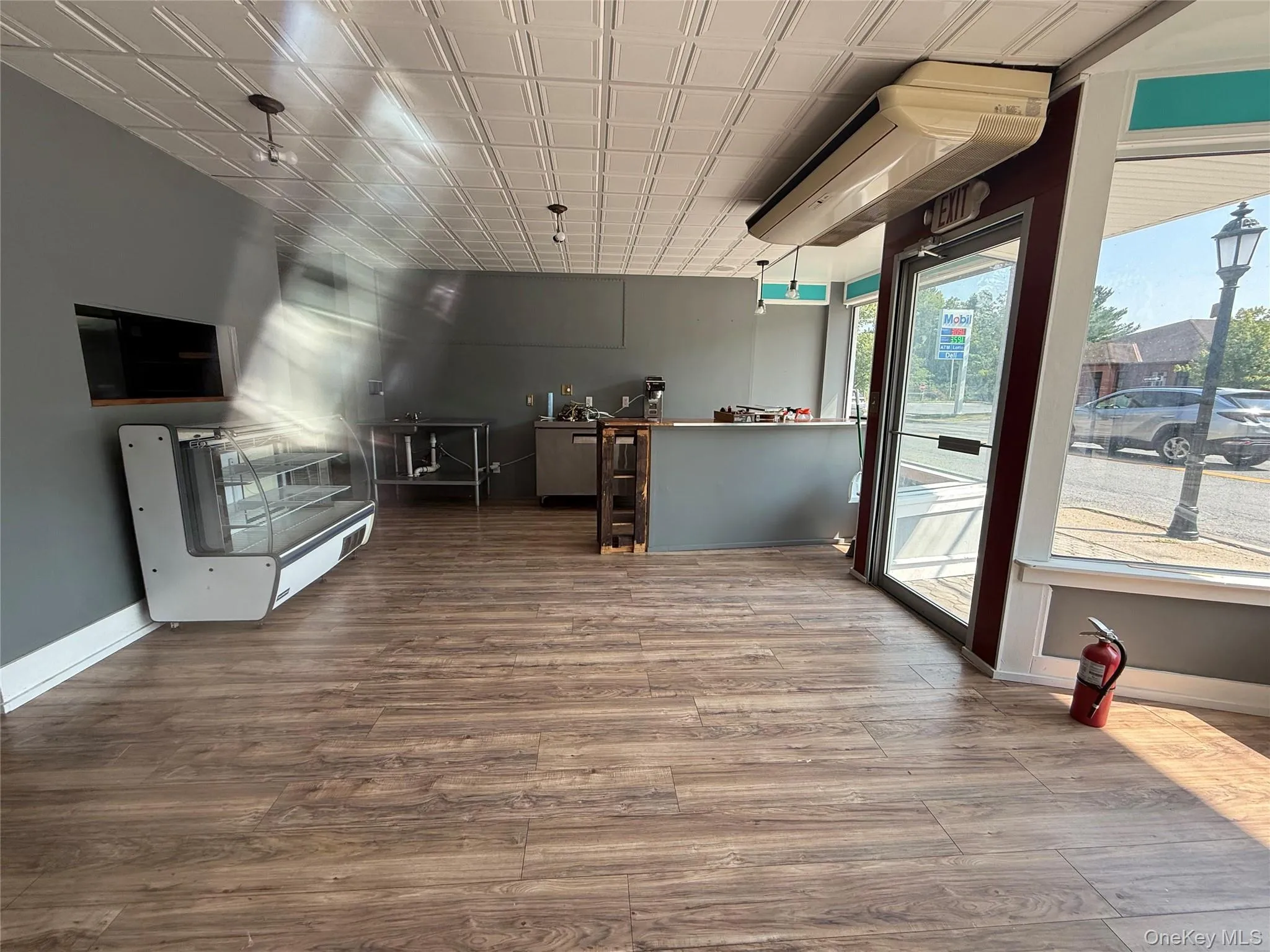 Living area featuring wood finished floors, heating unit, and an ornate ceiling Living area featuring wood finished floors, heating unit, and an ornate ceiling