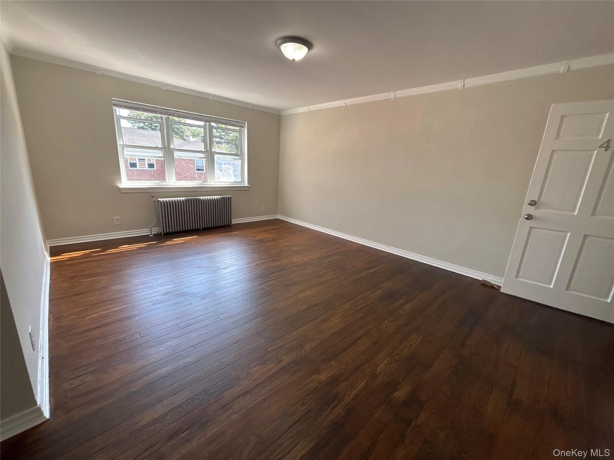 Empty room featuring ornamental molding, dark wood-type flooring, and radiator Empty room featuring ornamental molding, dark wood-type flooring, and radiator